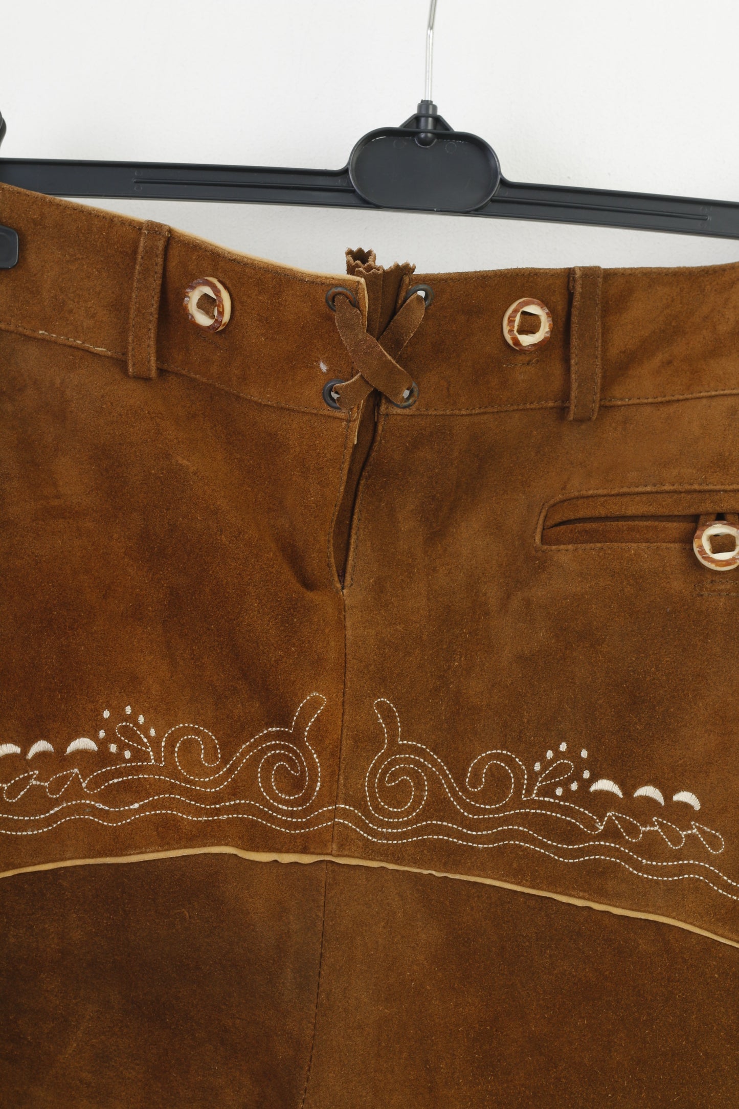 Lederversand Uomo 60 Pantaloni in pelle Marrone Vintage Tirolo Austria Trachten Western Cowboy Tradizionali tasche con fondo ricamato