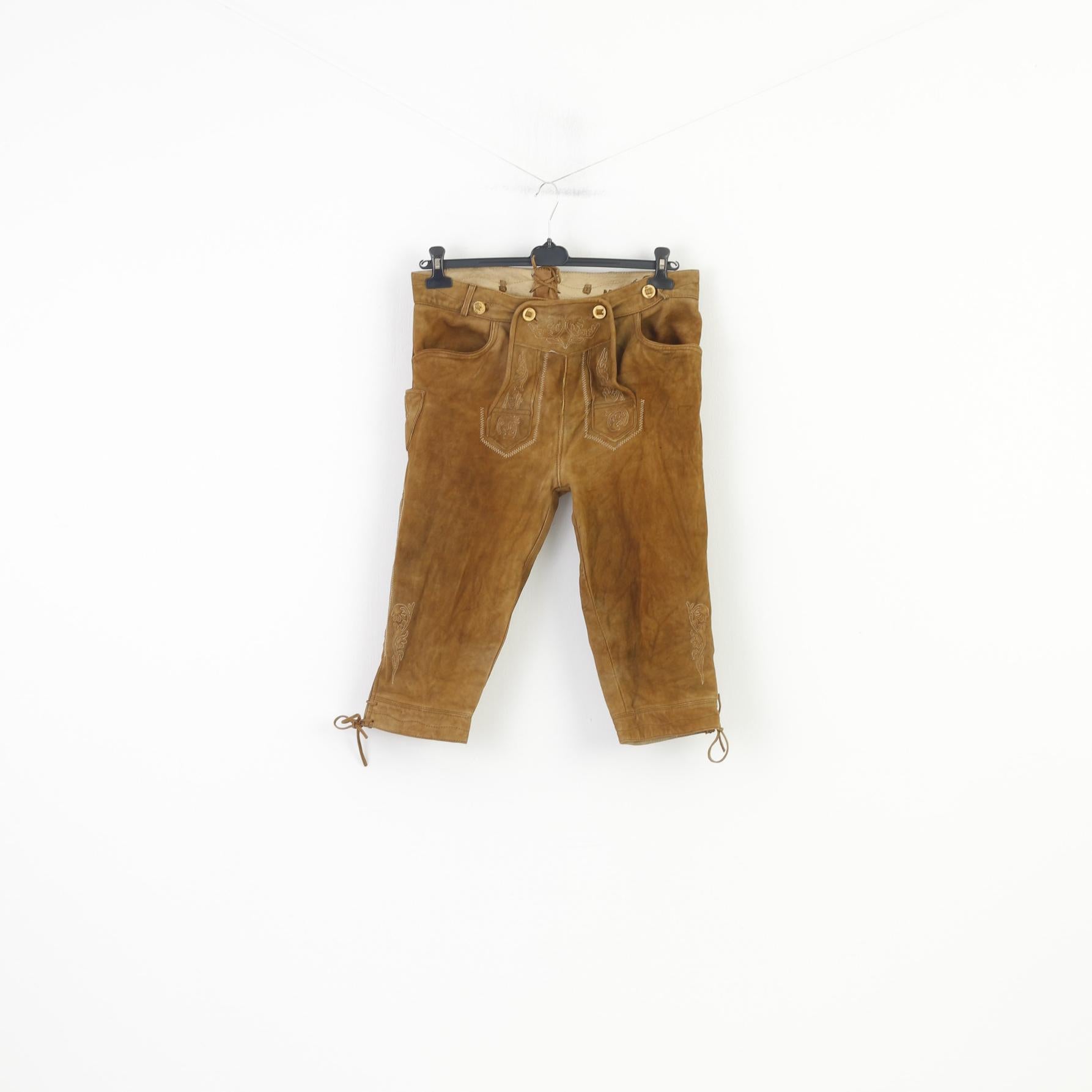  Marjo Men 50 Leather Trousers Brown Vintage Tyrol Austria Trachten Western Cowboy Traditional Emroidered Bottoms Pockets