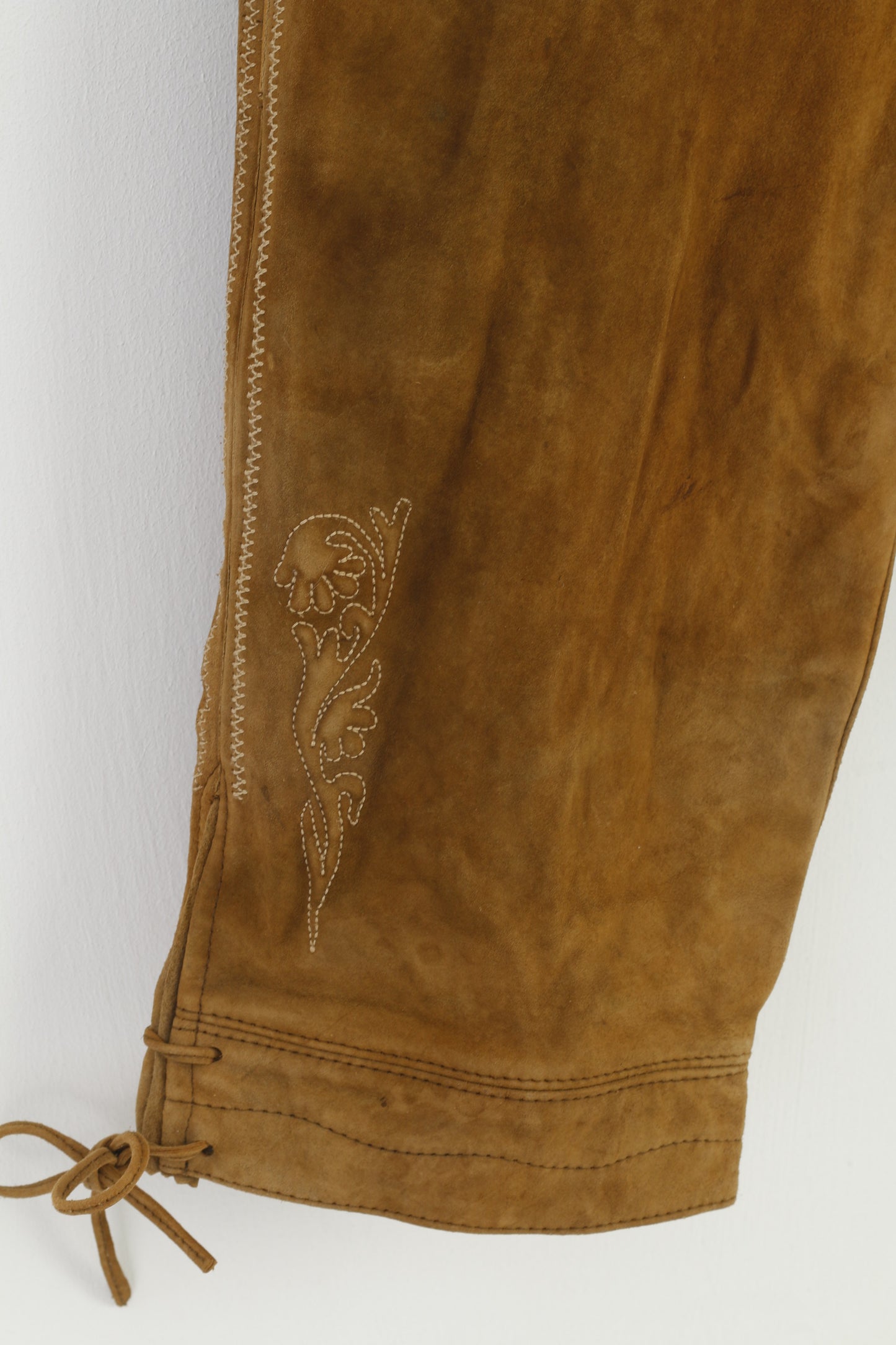 Marjo Uomo 50 Pantaloni in pelle Marrone Vintage Tirolo Austria Trachten Western Cowboy Tradizionali tasche con fondo ricamato