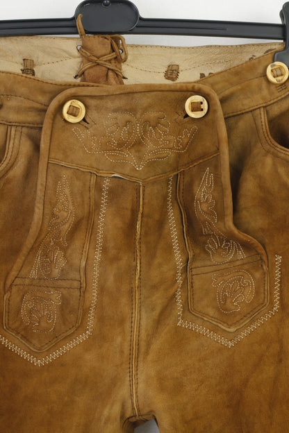 Marjo Uomo 50 Pantaloni in pelle Marrone Vintage Tirolo Austria Trachten Western Cowboy Tradizionali tasche con fondo ricamato