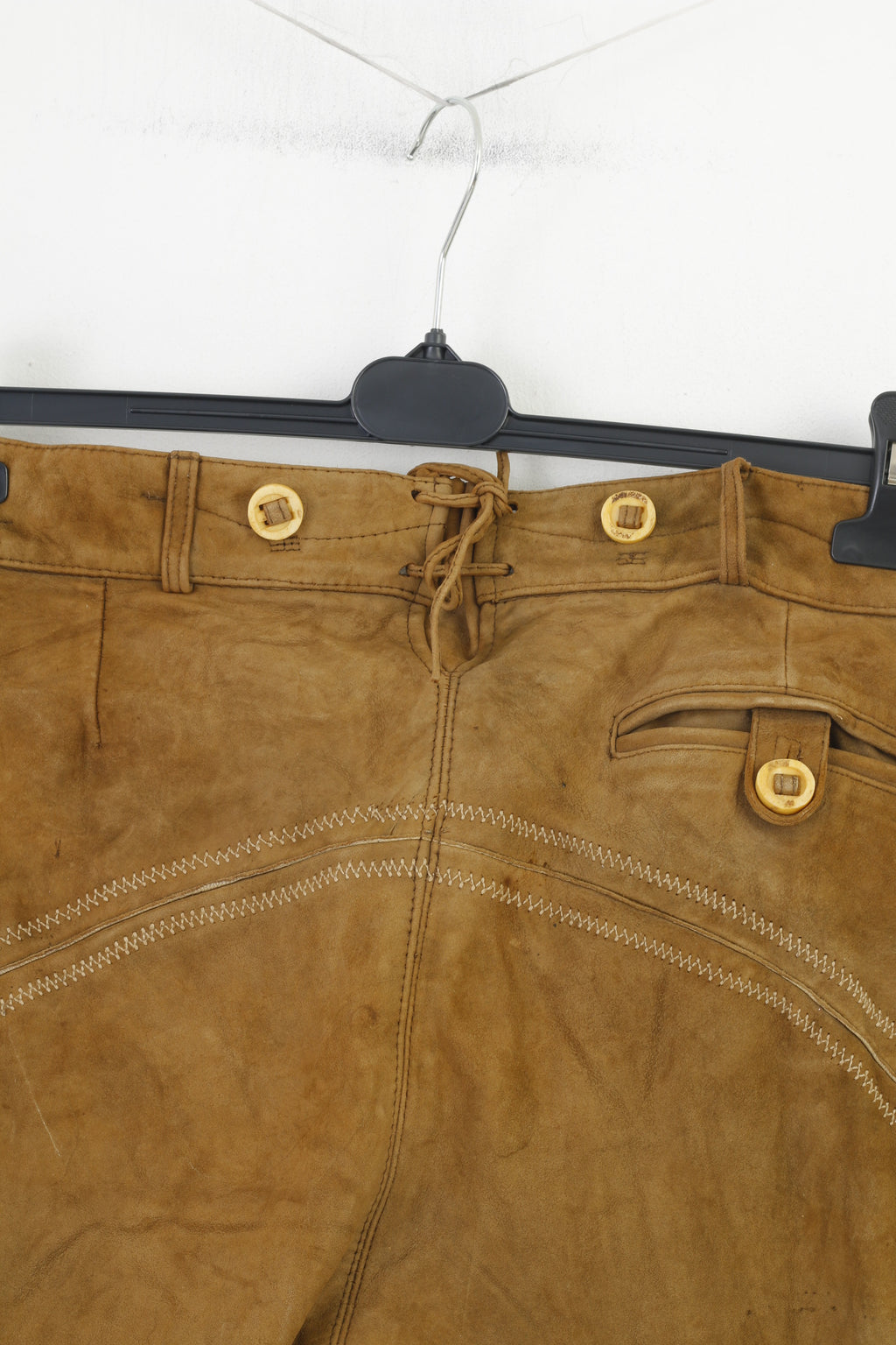 Marjo Uomo 50 Pantaloni in pelle Marrone Vintage Tirolo Austria Trachten Western Cowboy Tradizionali tasche con fondo ricamato