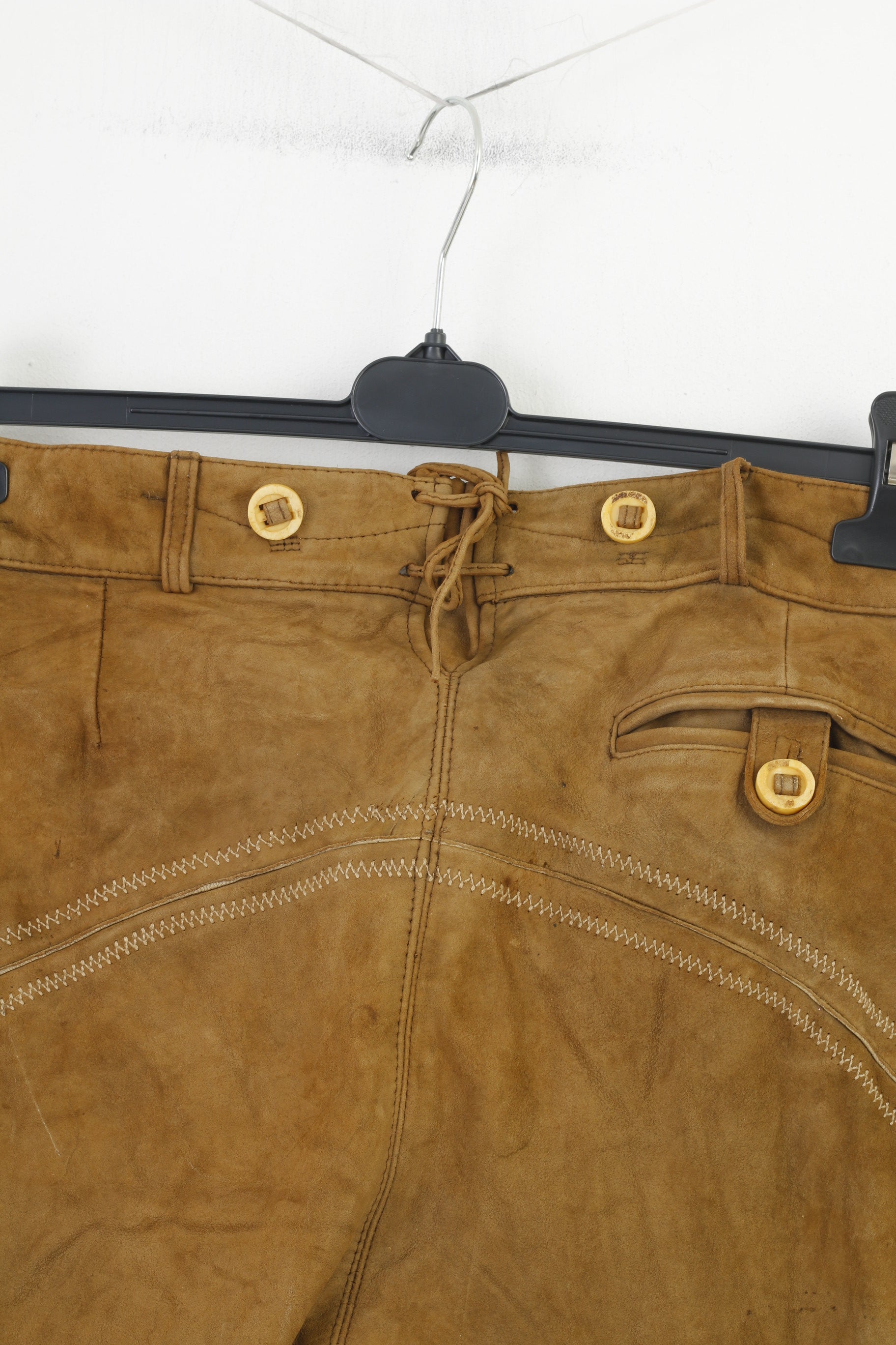 Marjo Uomo 50 Pantaloni in pelle Marrone Vintage Tirolo Austria Trachten Western Cowboy Tradizionali tasche con fondo ricamato