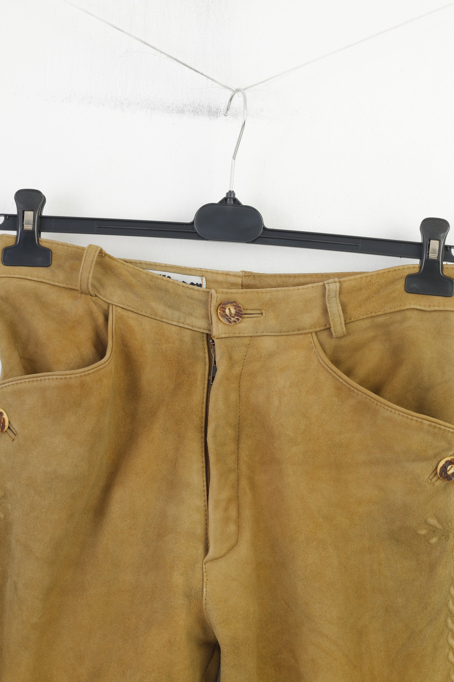 Pollinger Men 46 Leather Trousers Brown Vintage Tyrol Austria Trachten Western Cowboy Traditional Emroidered Bottoms Pockets