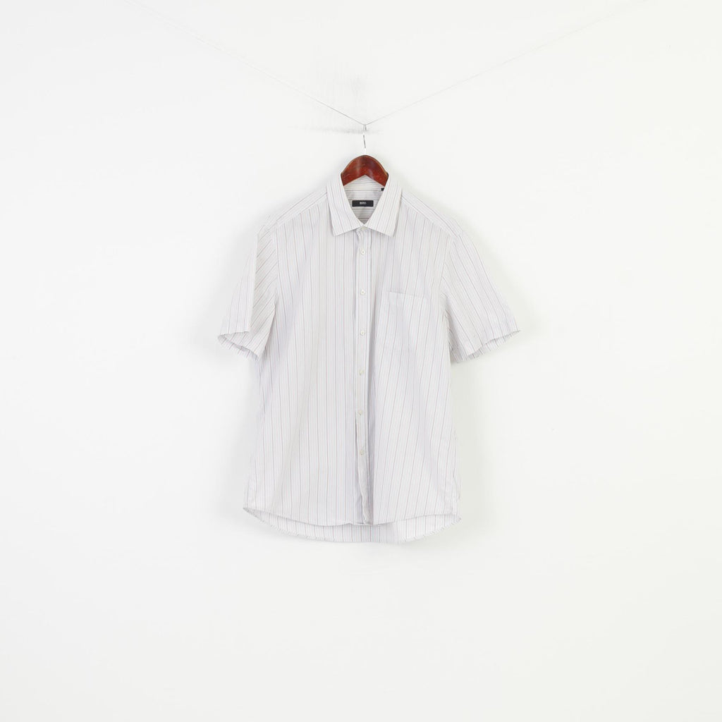 Hugo Boss Men 44 17.5  Casual Shirt Short Sleeve  Cotton Classic Striped White Top
