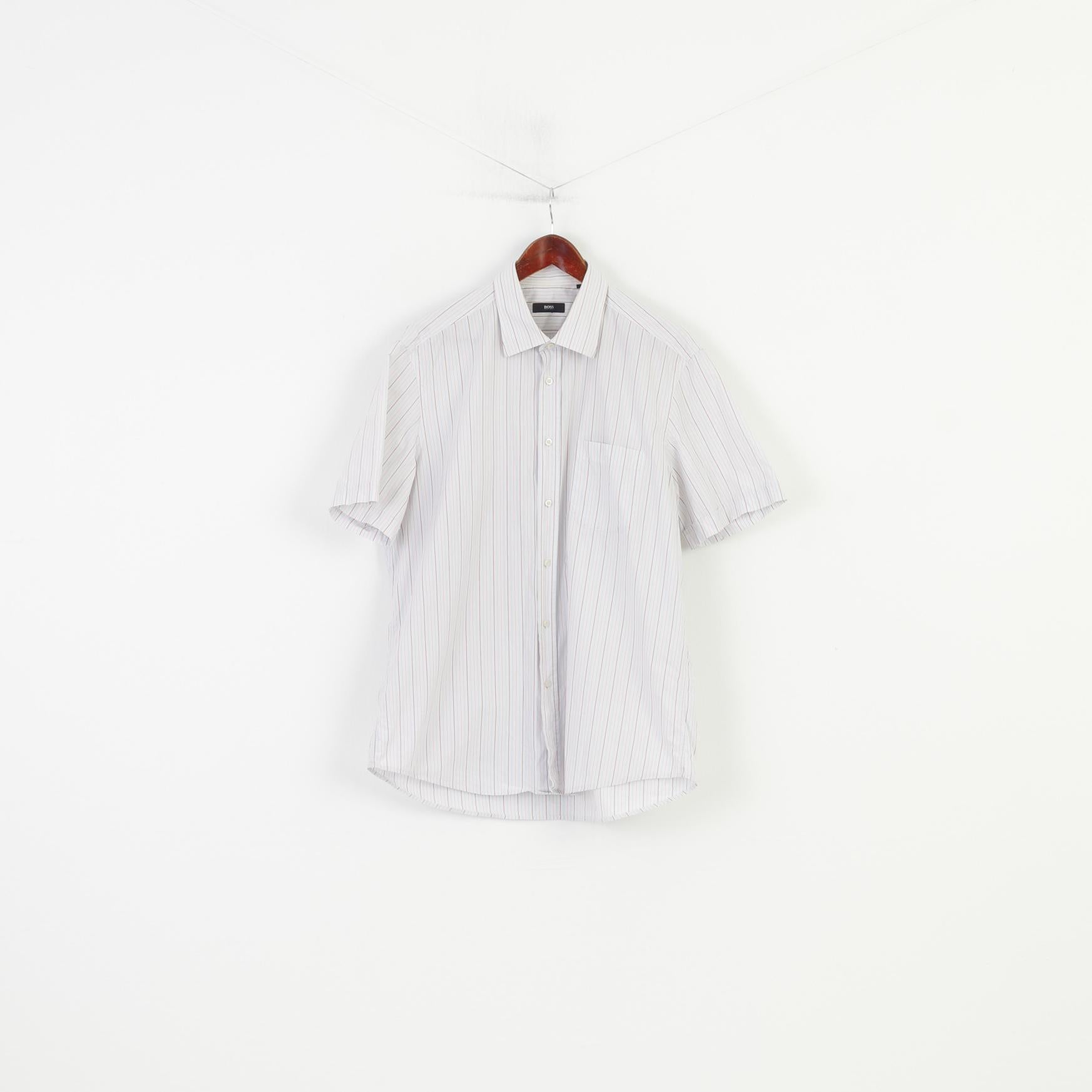 Hugo Boss Men 44 17.5  Casual Shirt Short Sleeve  Cotton Classic Striped White Top