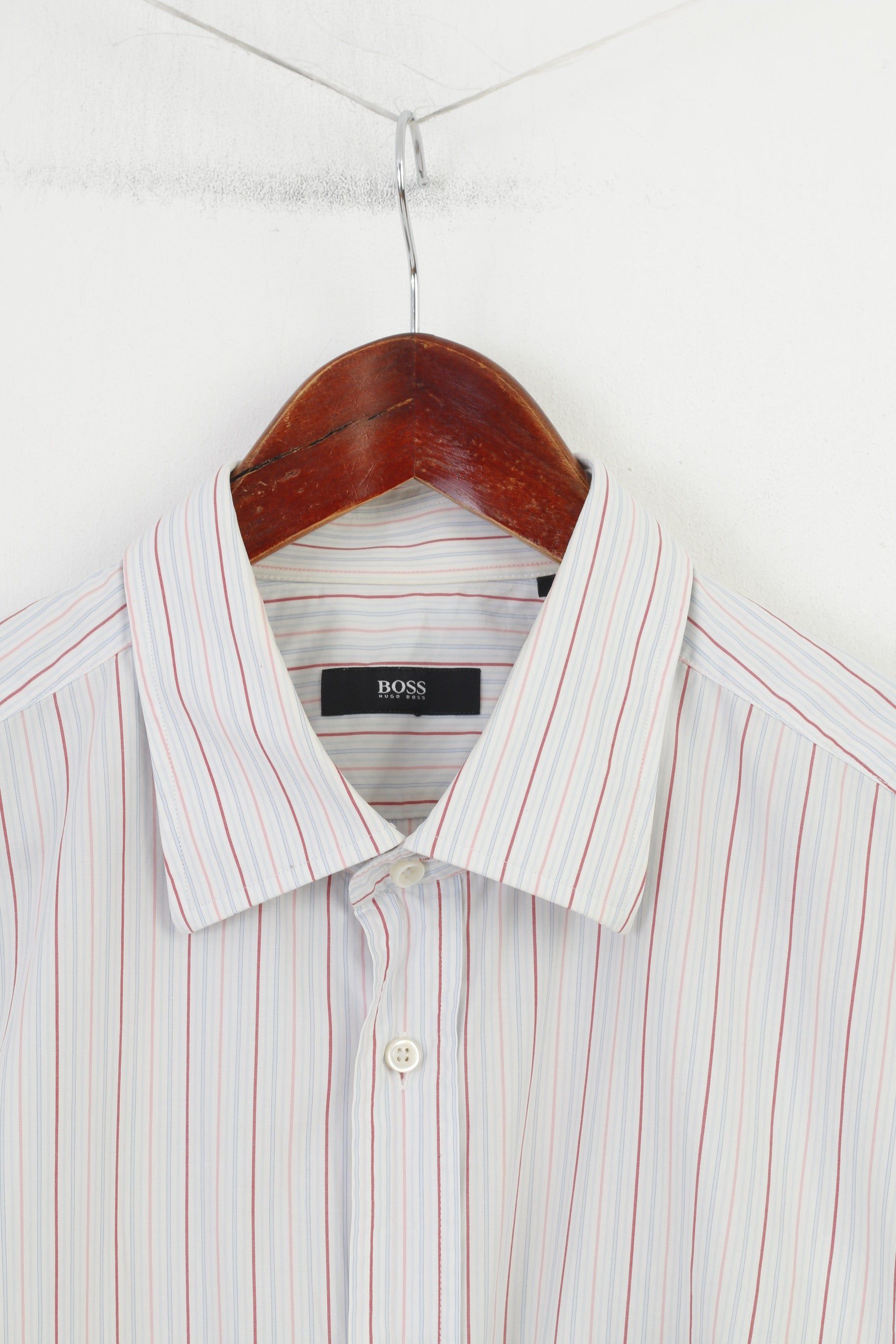 Hugo Boss Men 44 17.5  Casual Shirt Short Sleeve  Cotton Classic Striped White Top