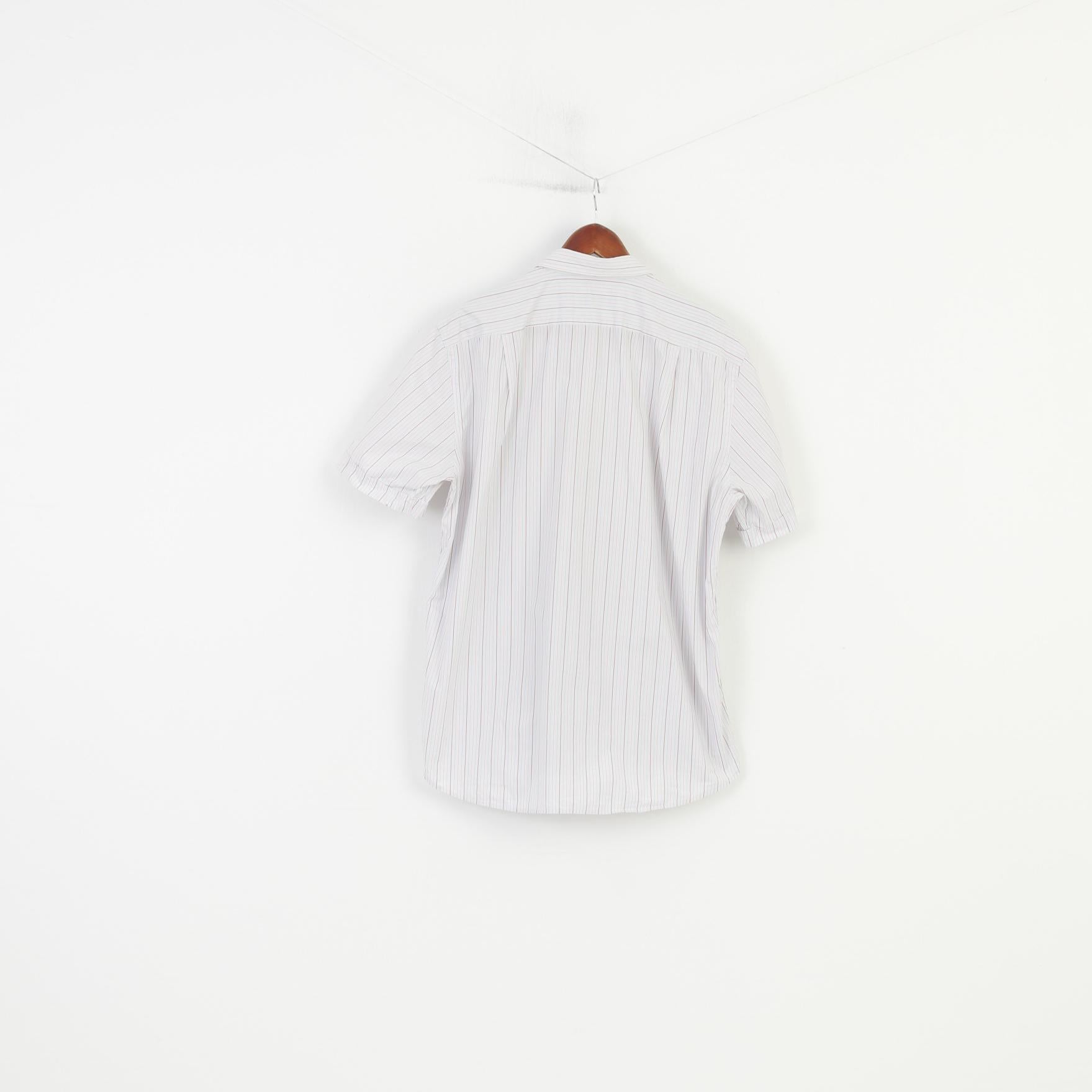 Hugo Boss Men 44 17.5  Casual Shirt Short Sleeve  Cotton Classic Striped White Top