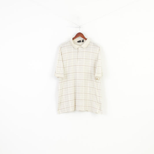 Ping Men L Polo Shirt Short Sleeve Cotton Checkered Cream Collar Vintage Top