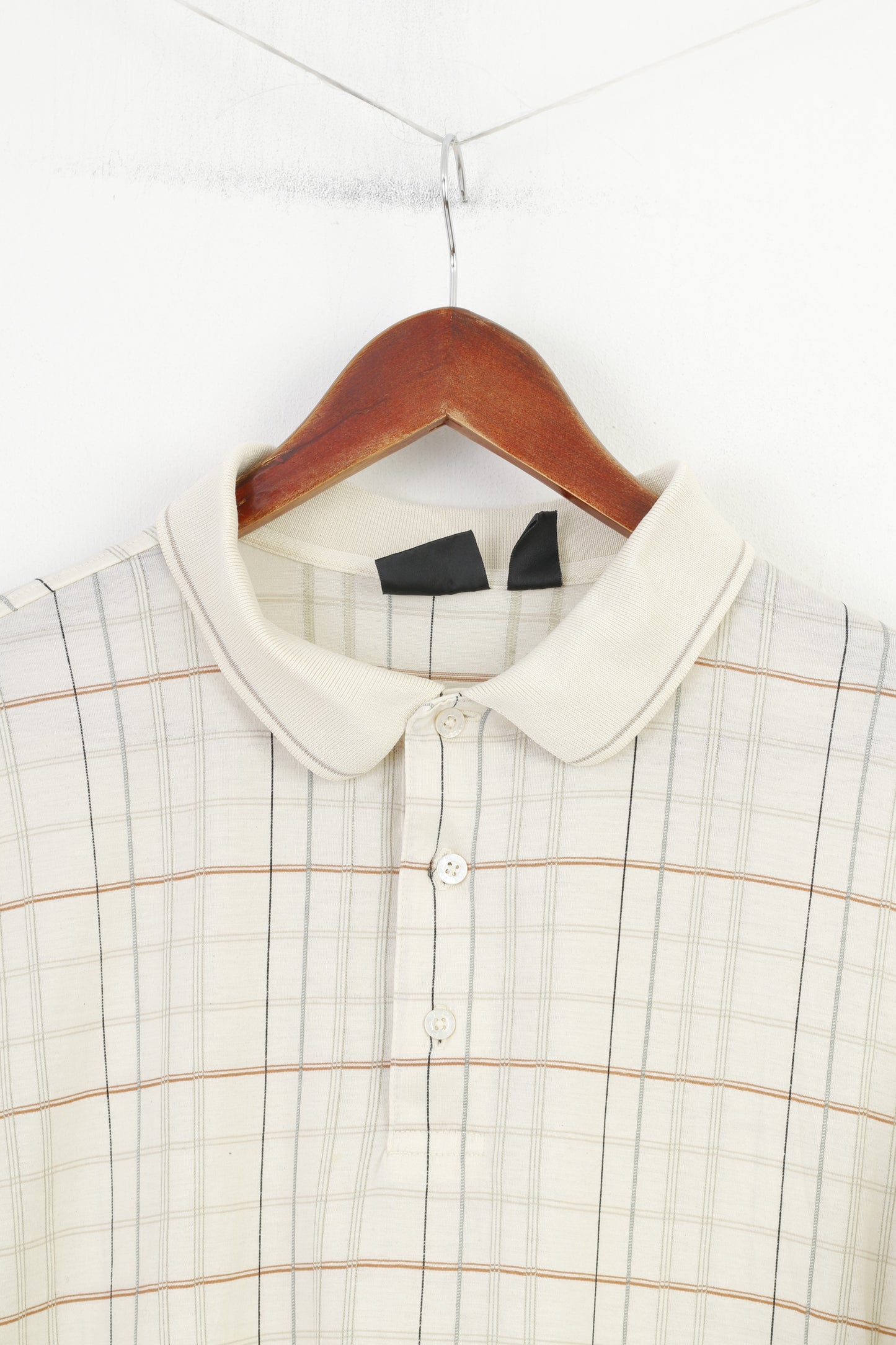 Ping Men L Polo Shirt Short Sleeve Cotton Checkered Cream Collar Vintage Top