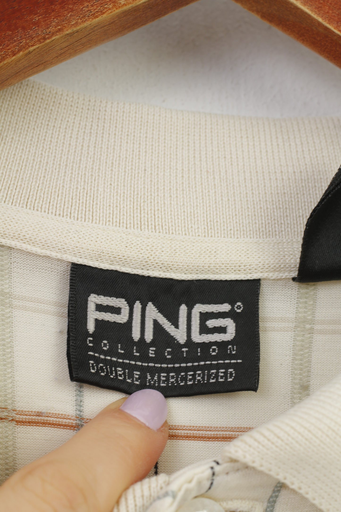 Ping Men L Polo Shirt Short Sleeve Cotton Checkered Cream Collar Vintage Top