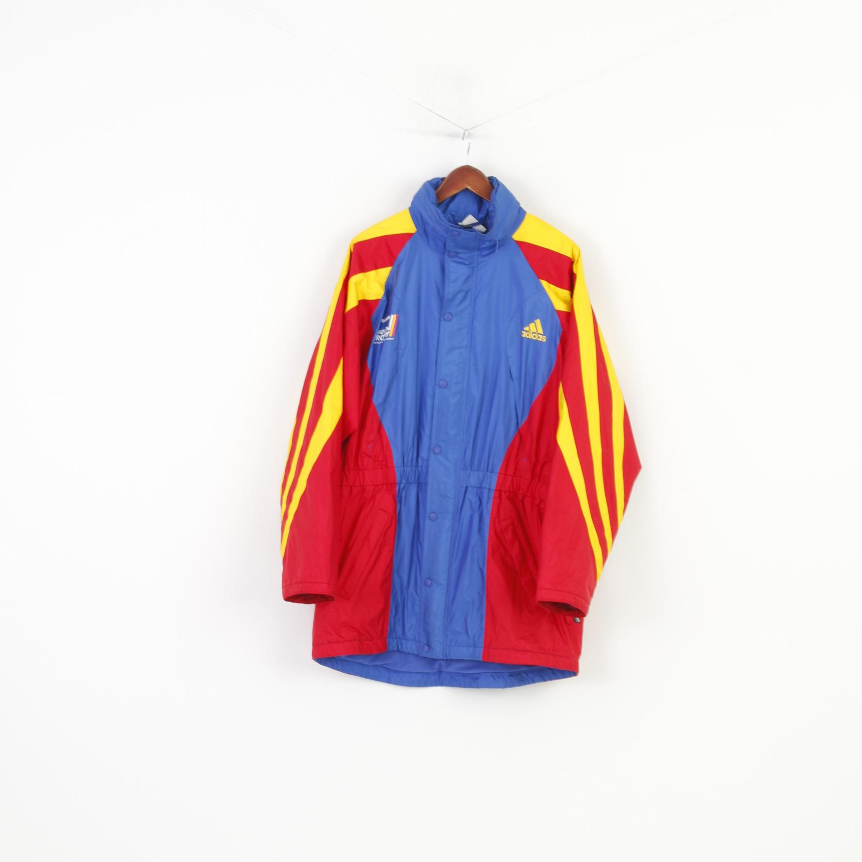 Adidas Men 42 44 Jacket Full Zipper Hood Red Blue Nylon Vintage 3 Stripes 90s Top