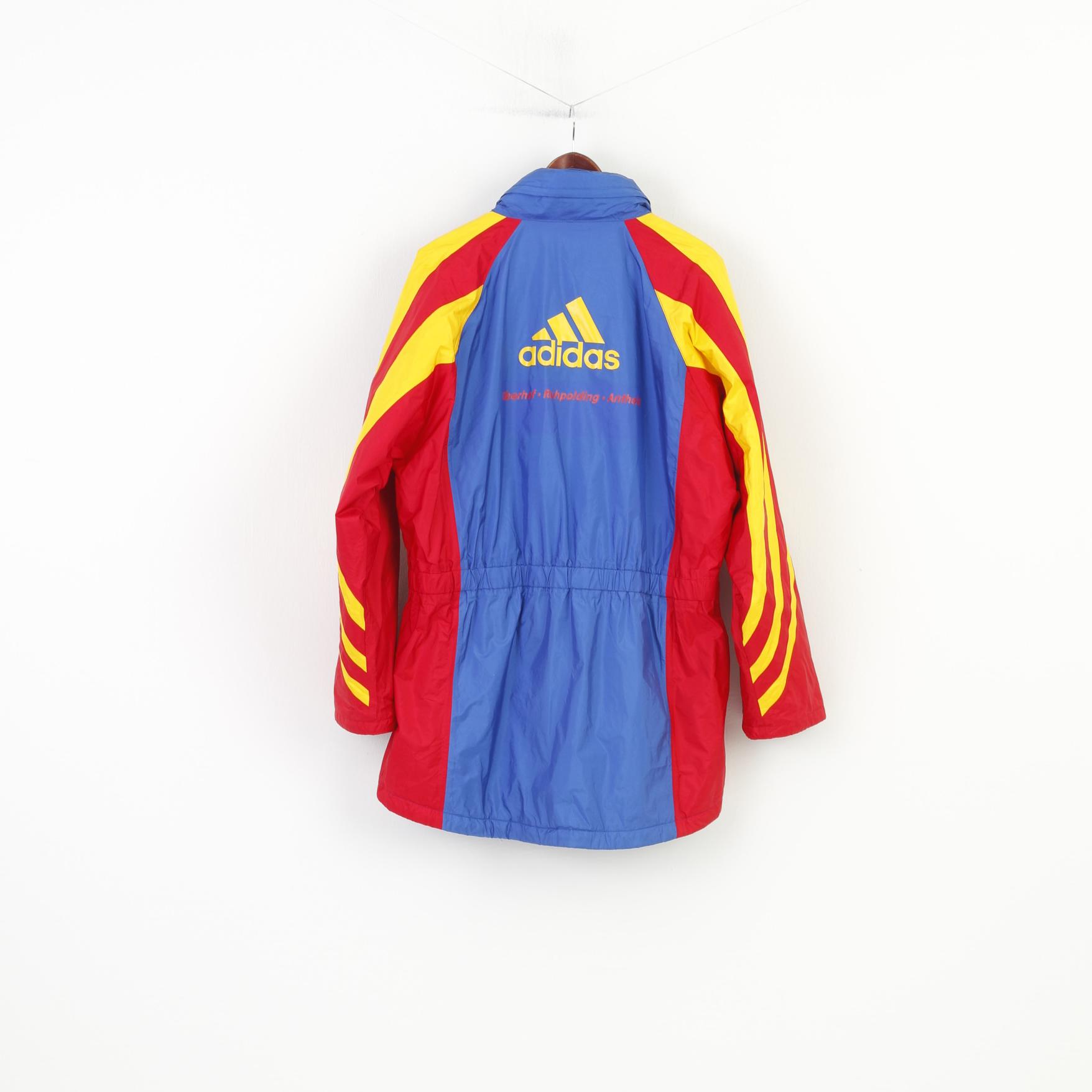 Adidas Men 186 L Jacket Blue Vintage Parka Full Zipper Hidden Hood Nylon 90s Top