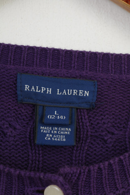 Ralph Lauren Filles L 12 Âge Pull Violet Bas Col Rond Coton Vintage Classique Haut