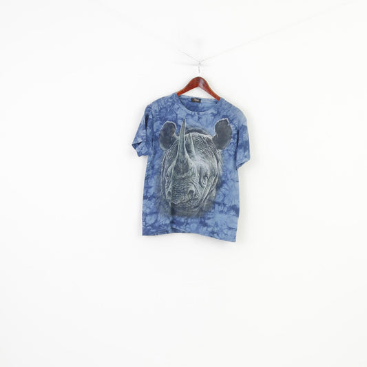Sandino Creation Men M T-Shirt Blue Rhinoceros Graphic Short Sleeve Vintage Crew Neck Top