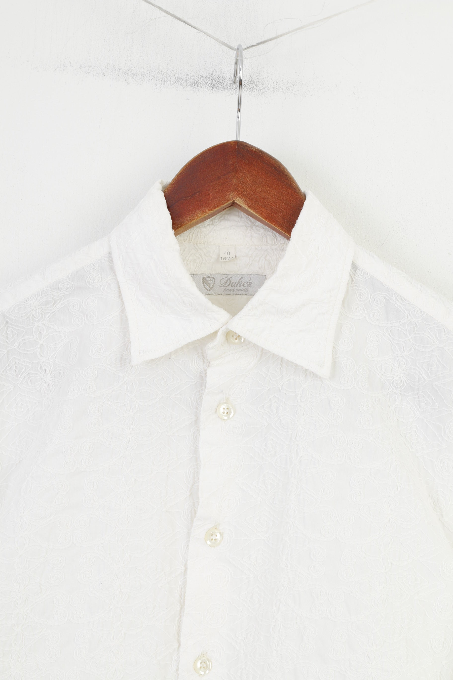 Duke's Men 40 S Casual Shirt Ecru Cotton Hand Made Long Sleeve Floral Print Vintage Top