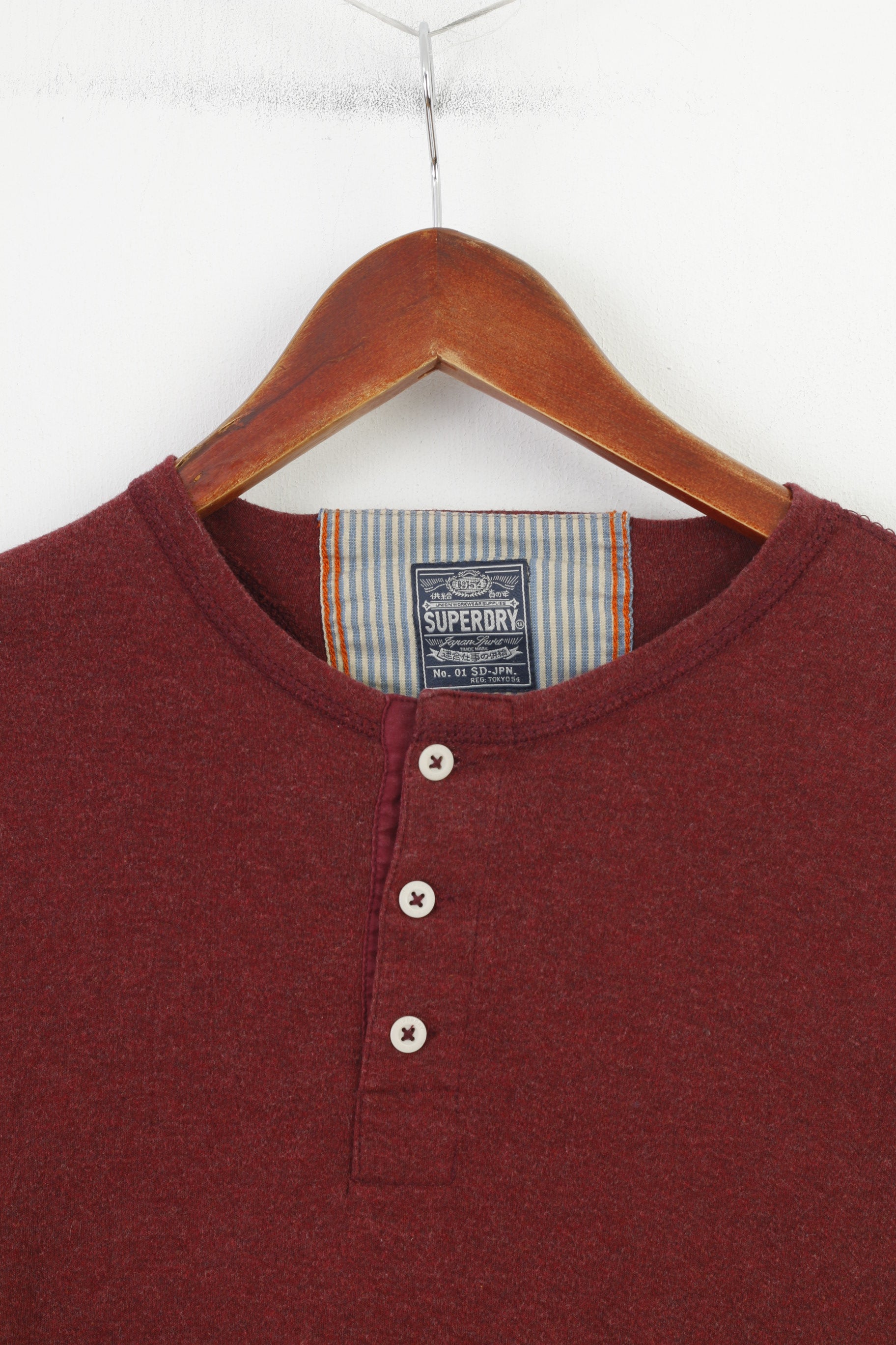 Superdry Homme S Chemise Bordeaux Coton Japon Stretch Manches Longues Col Rond Haut