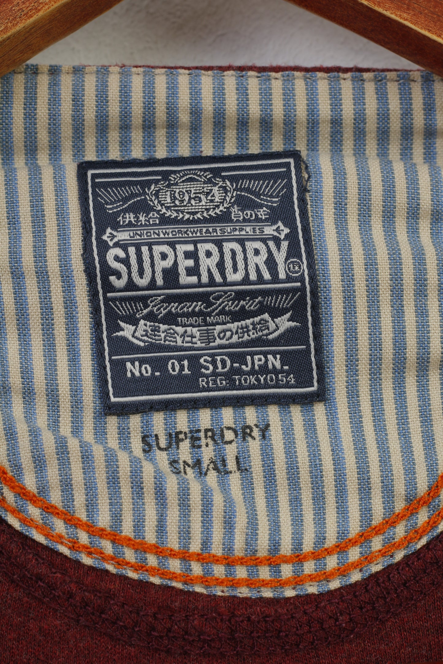 Superdry Homme S Chemise Bordeaux Coton Japon Stretch Manches Longues Col Rond Haut