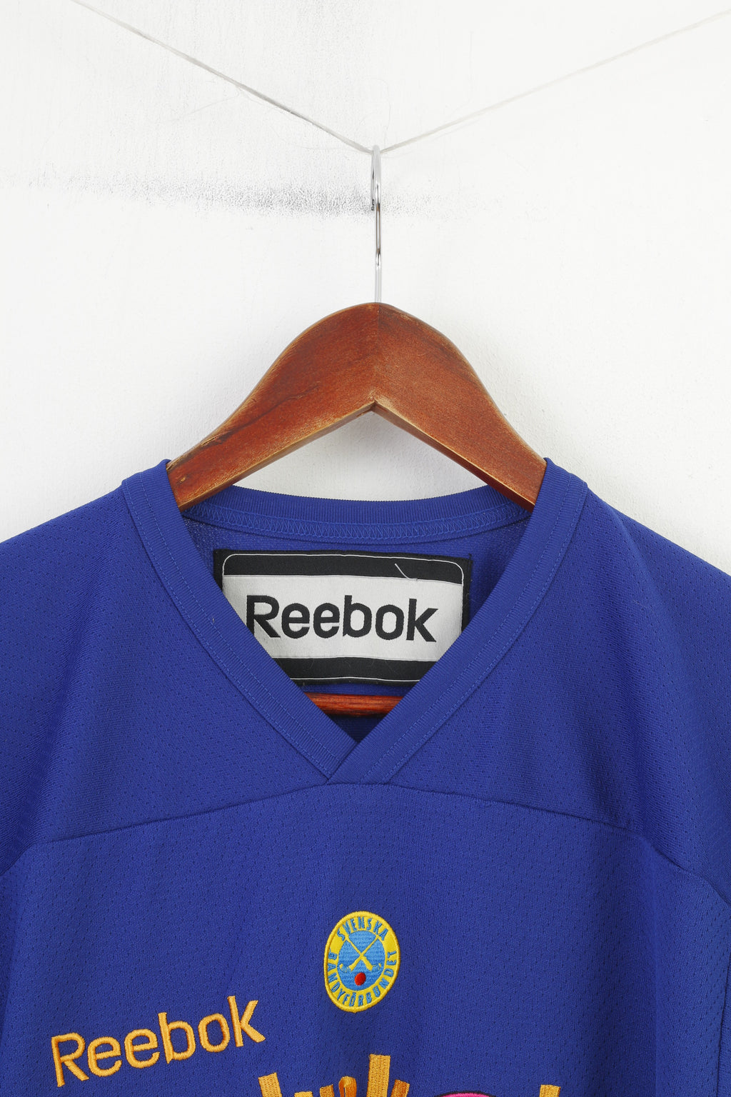 Reebok Boys 130 150 cm Shirt Navy Bandyskolan Football V Neck Training Vintage Jersey Top