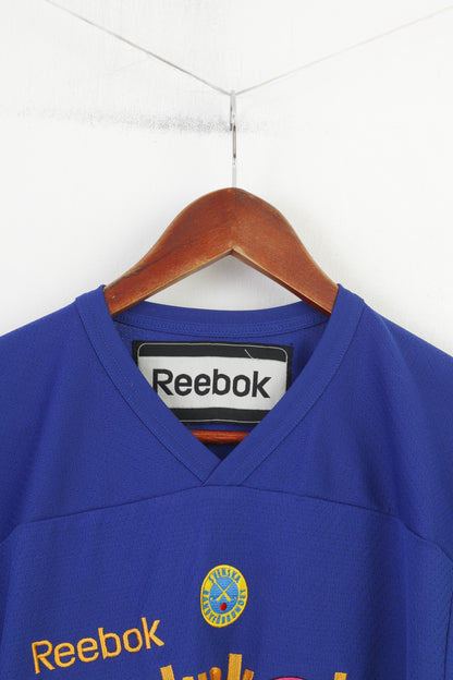 Reebok Garçon 130 150 cm Chemise Bleu Marine Bandyskolan Football Col V Entraînement Vintage Jersey Haut