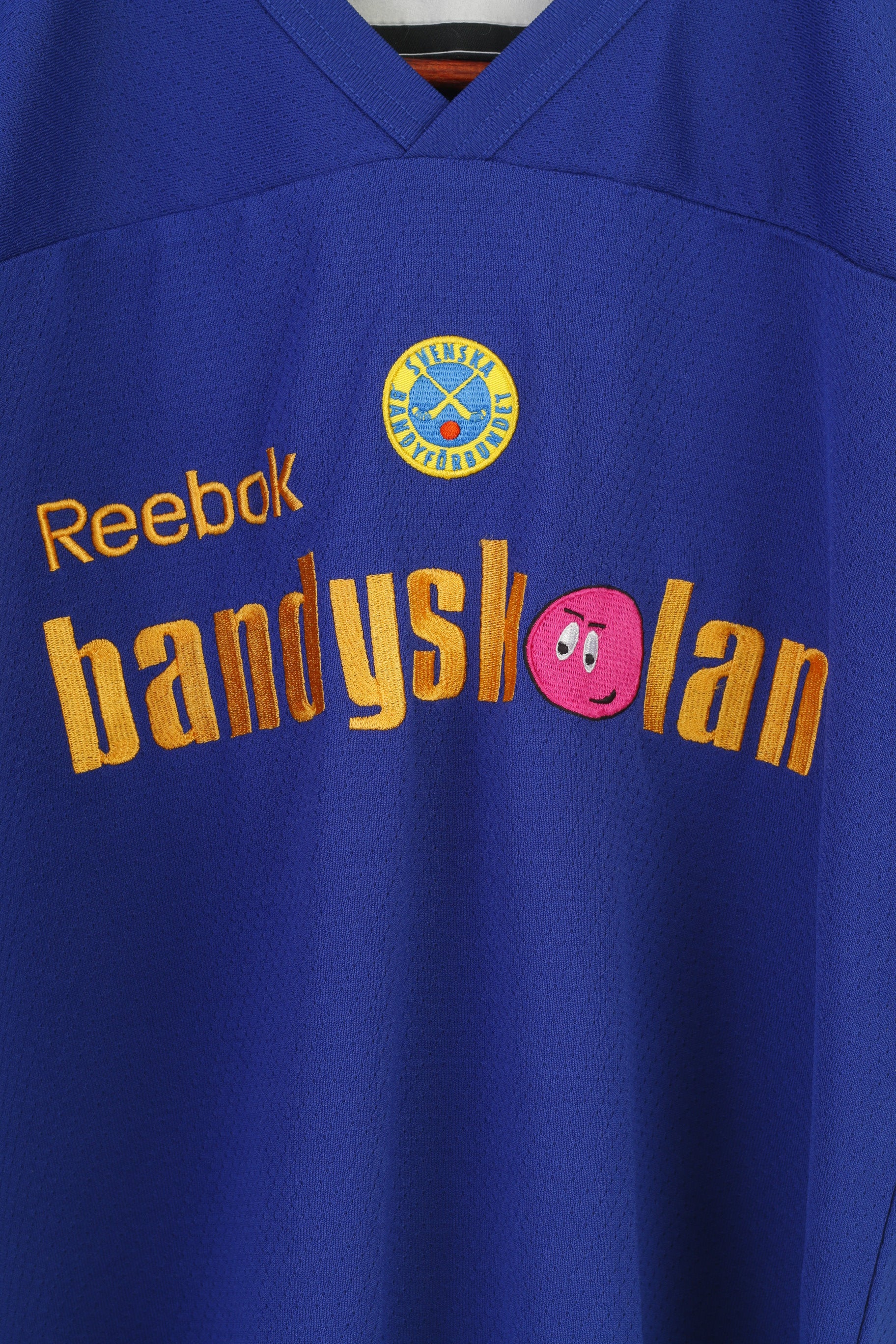 Reebok Garçon 130 150 cm Chemise Bleu Marine Bandyskolan Football Col V Entraînement Vintage Jersey Haut