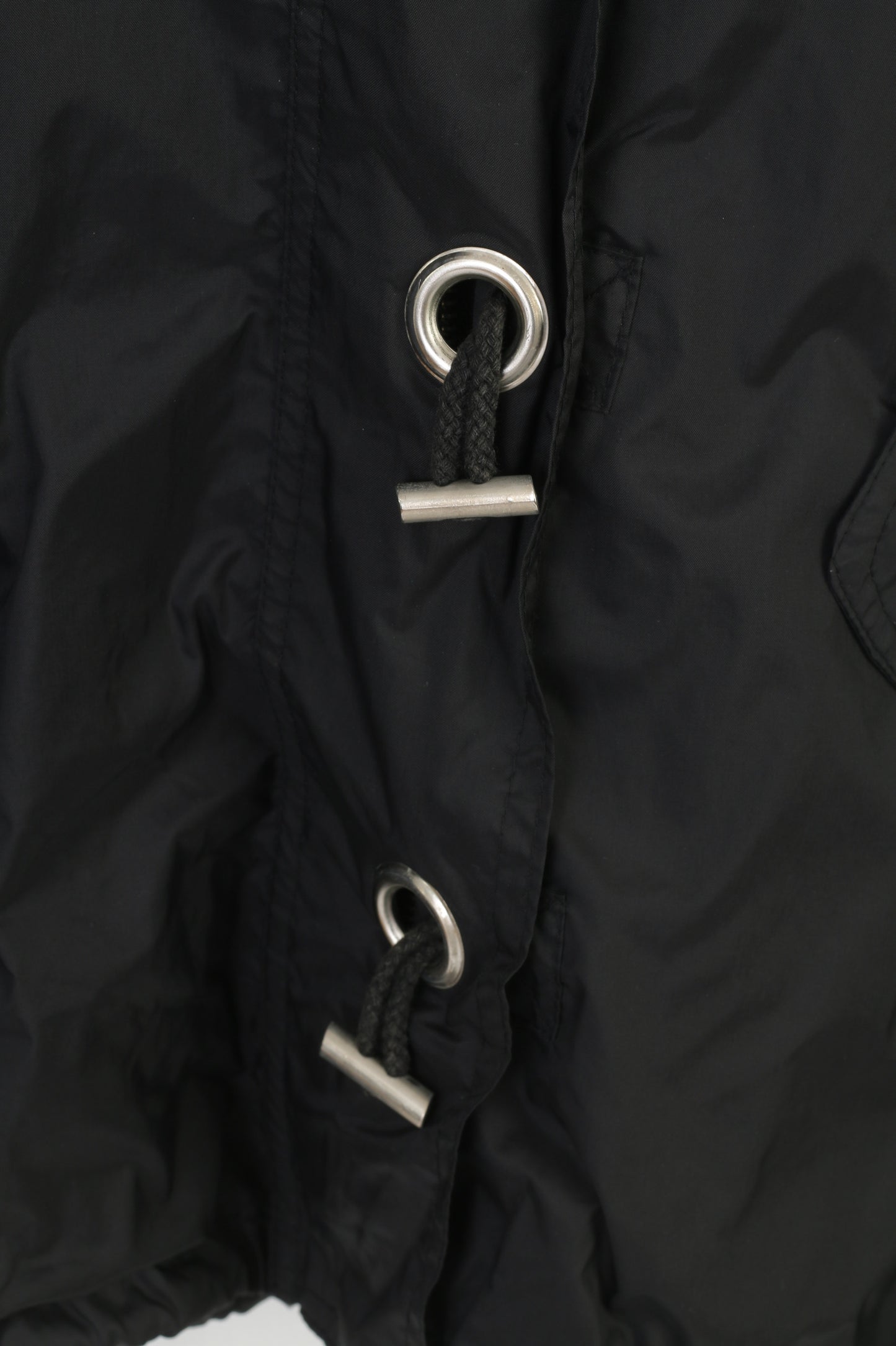 Fascination Women 36 38 XL Giacca nera con cappuccio in nylon impermeabile con cerniera intera vintage 