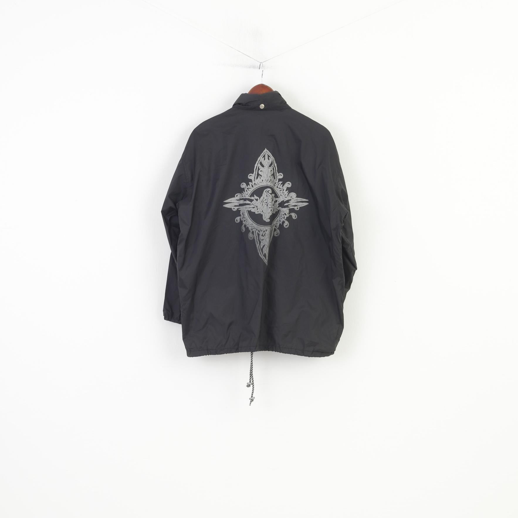 Fascination Women 36 38 XL Giacca nera con cappuccio in nylon impermeabile con cerniera intera vintage 