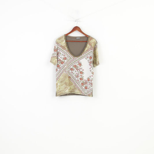 Marc Aurel Women L Shirt Khaki Cotton Stretch Printed Flowers V Neck Vintage Short Sleeve Top