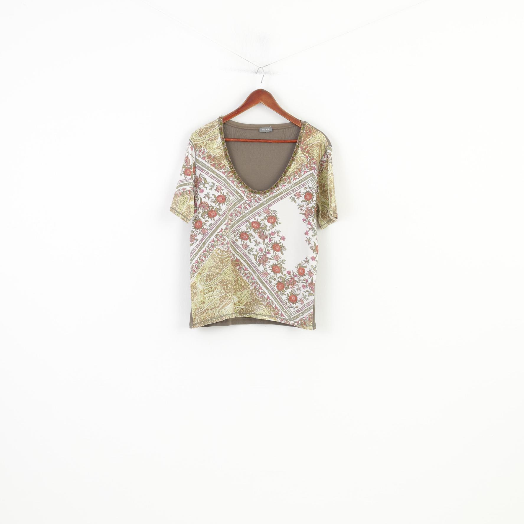 Marc Aurel Women L Shirt Khaki Cotton Stretch Printed Flowers V Neck Vintage Short Sleeve Top