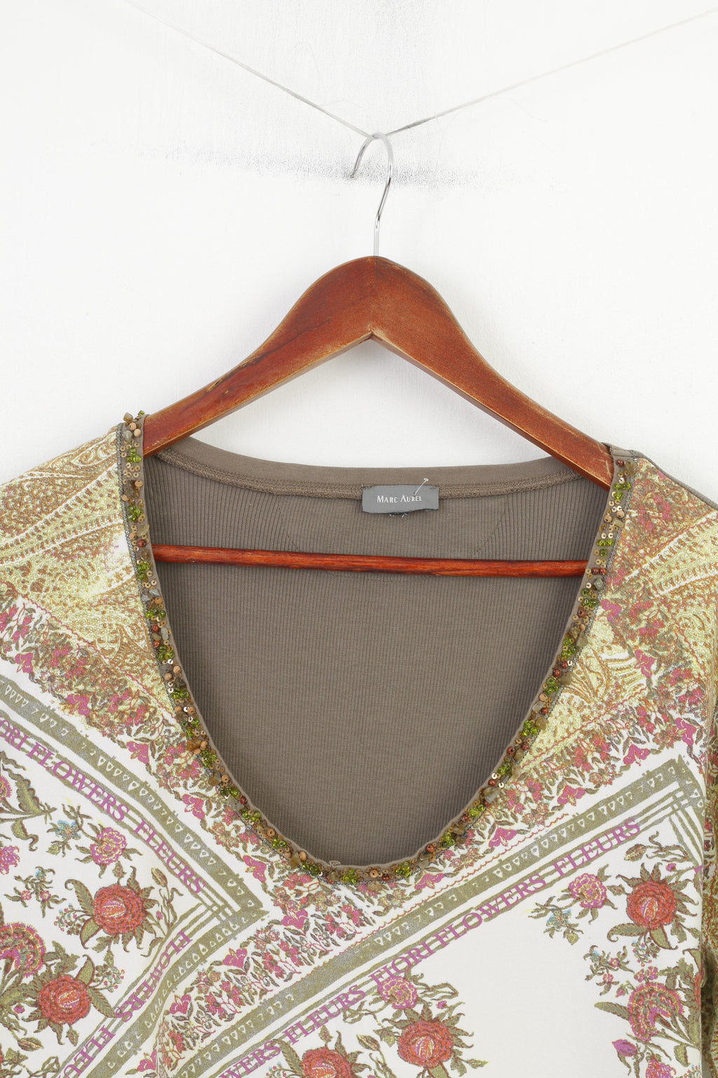 Marc Aurel Women L Shirt Khaki Cotton Stretch Printed Flowers V Neck Vintage Short Sleeve Top