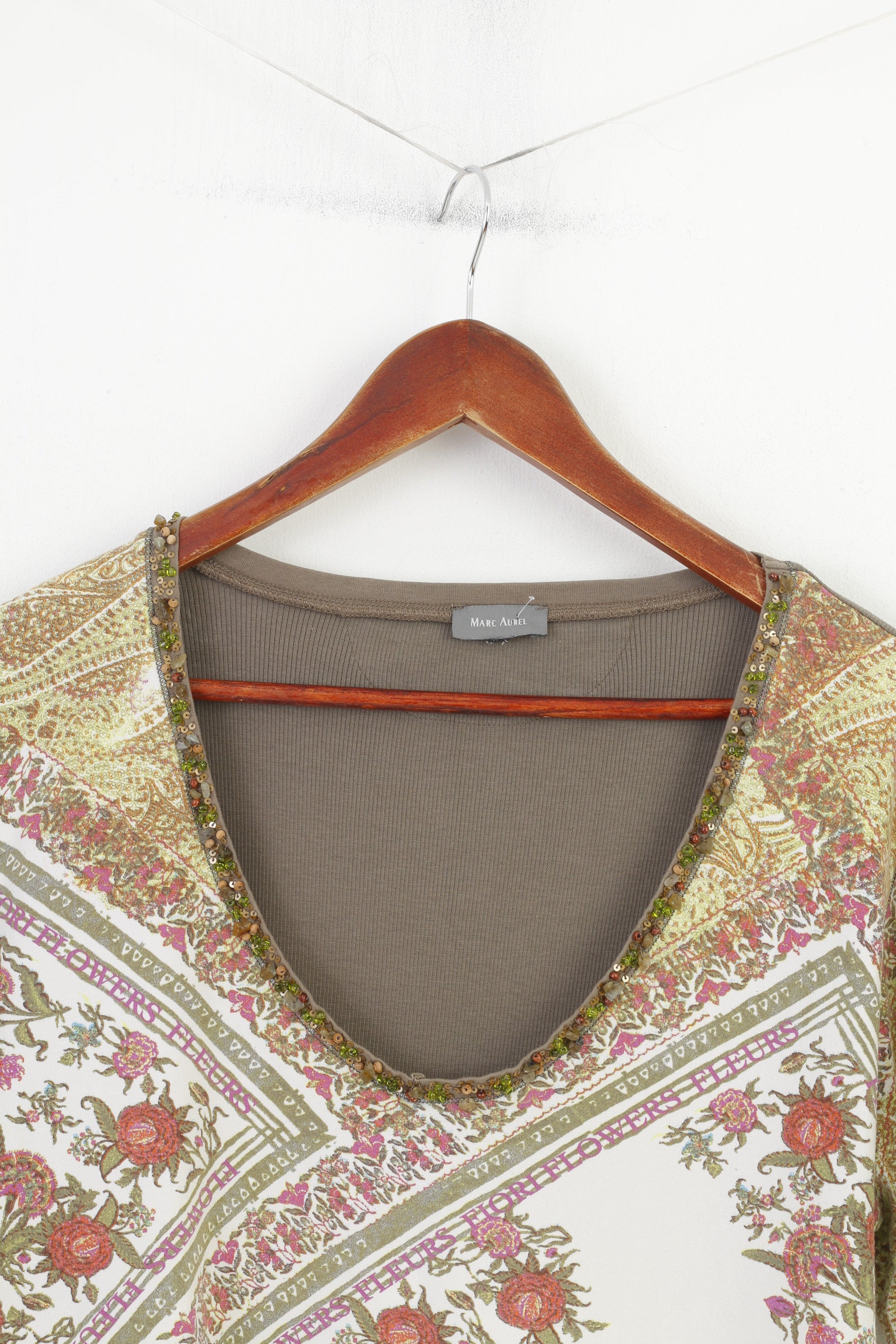 Marc Aurel Maglietta da donna a maniche corte in cotone elasticizzato color kaki con fiori stampati e scollo a V. Top vintage a maniche corte