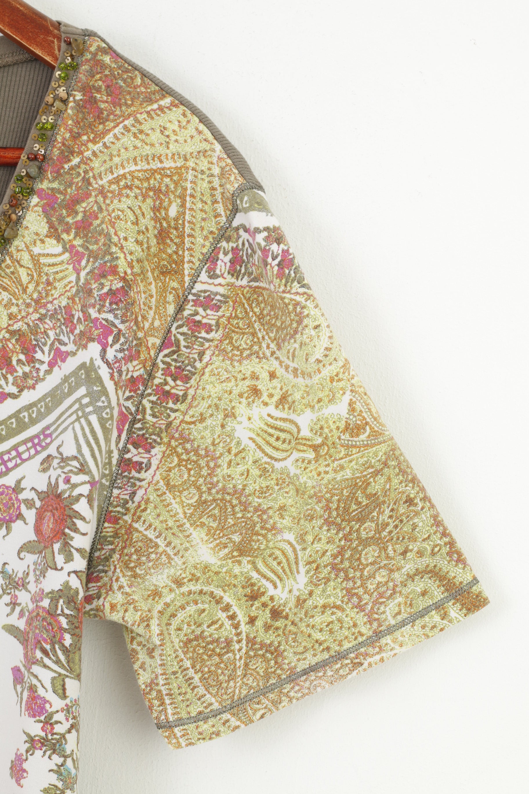 Marc Aurel Maglietta da donna a maniche corte in cotone elasticizzato color kaki con fiori stampati e scollo a V. Top vintage a maniche corte