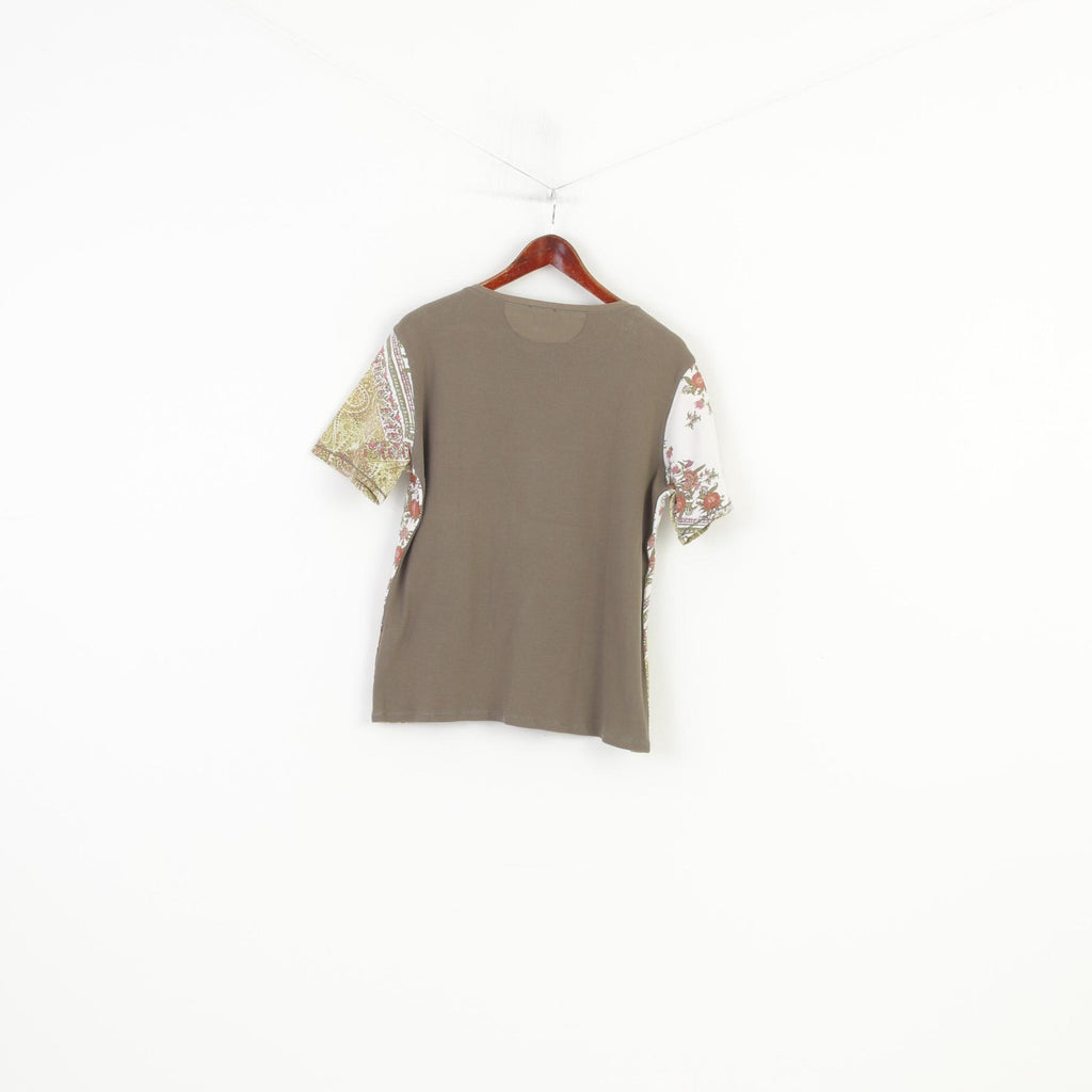 Marc Aurel Women L Shirt Khaki Cotton Stretch Printed Flowers V Neck Vintage Short Sleeve Top
