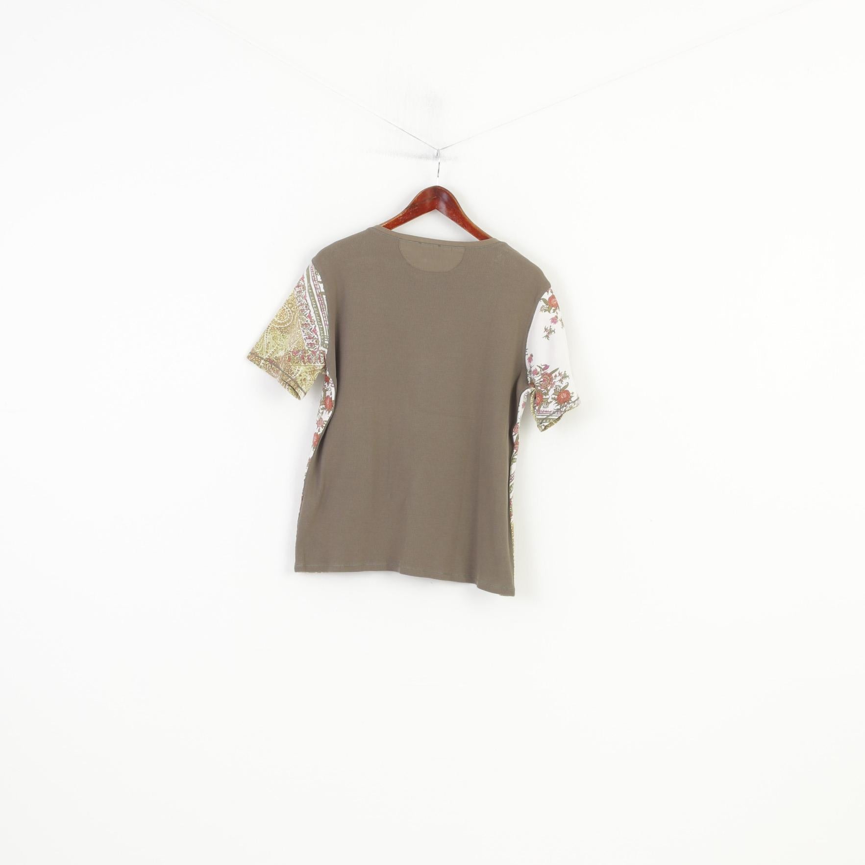 Marc Aurel Women L Shirt Khaki Cotton Stretch Printed Flowers V Neck Vintage Short Sleeve Top