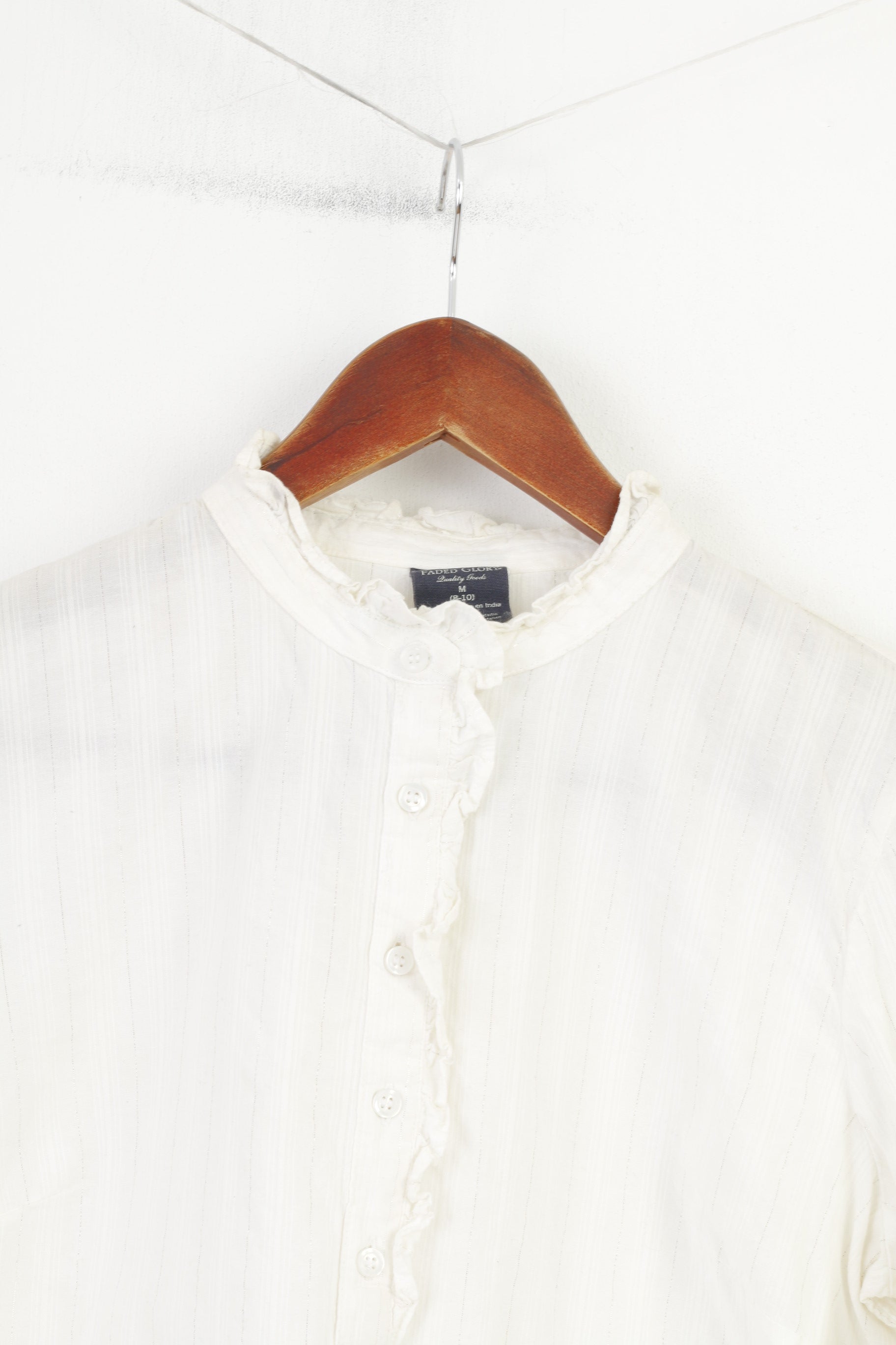 Faded Glory Donna M Camicia casual Camicetta in cotone Fondo bianco lucido Top con volant vintage