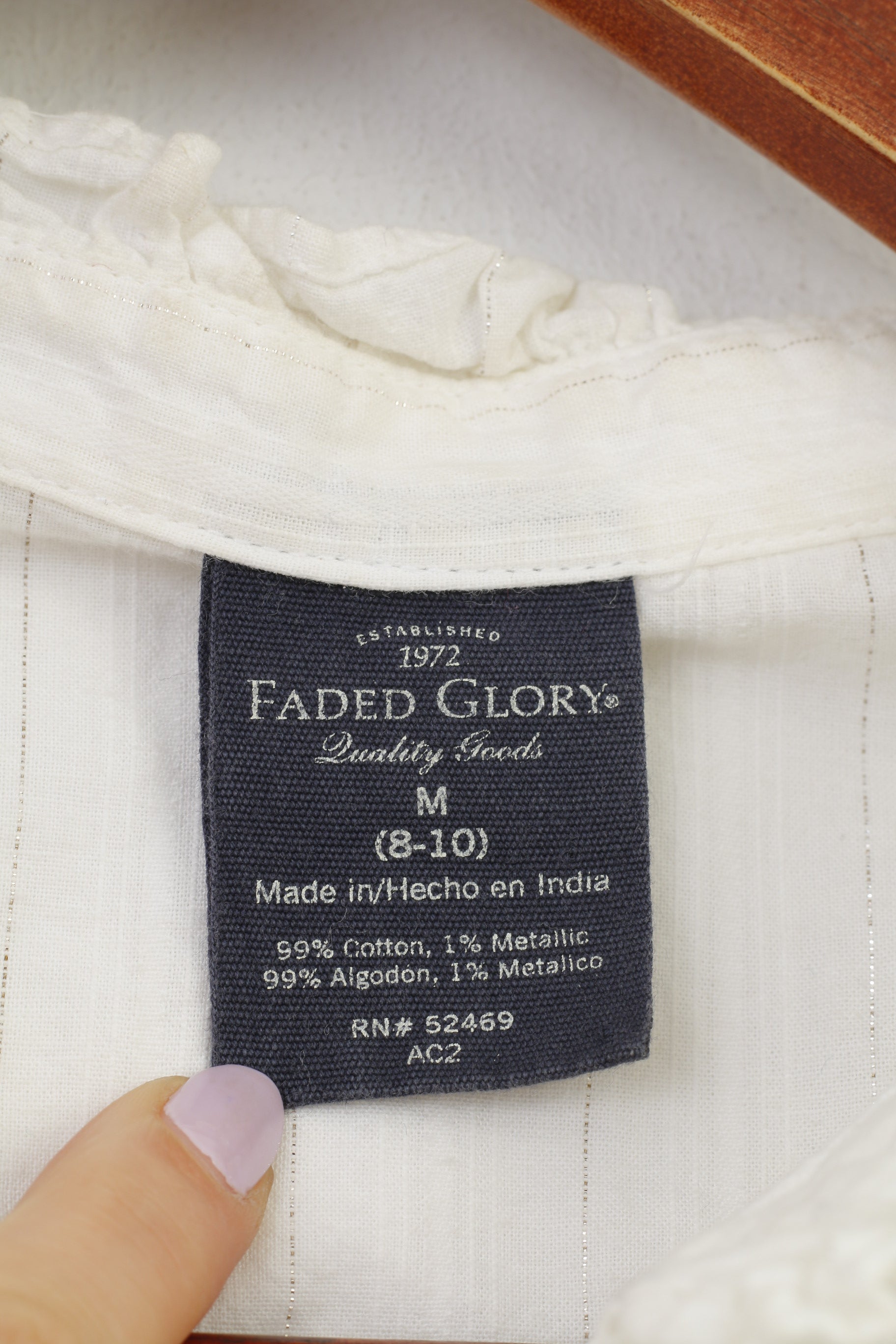 Faded Glory Donna M Camicia casual Camicetta in cotone Fondo bianco lucido Top con volant vintage