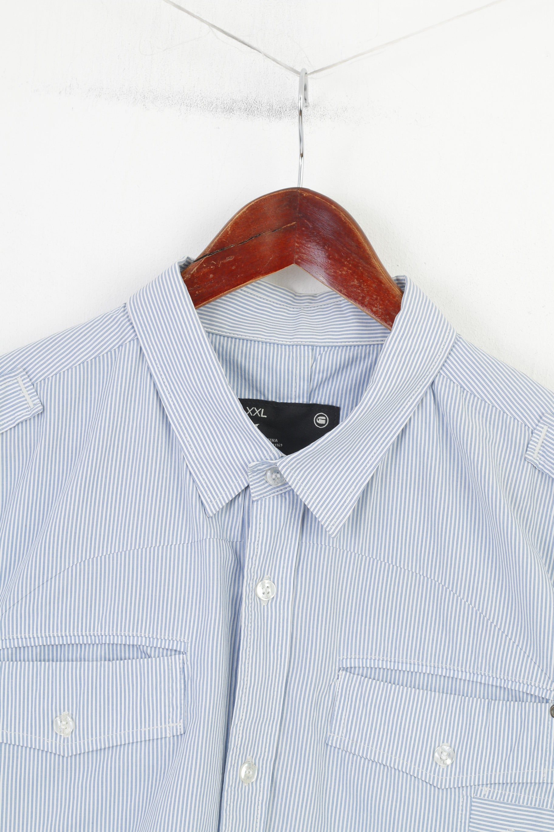 Camicia casual G-Star Raw da uomo XXL (XL) Top a maniche corte a righe con tasca in cotone blu