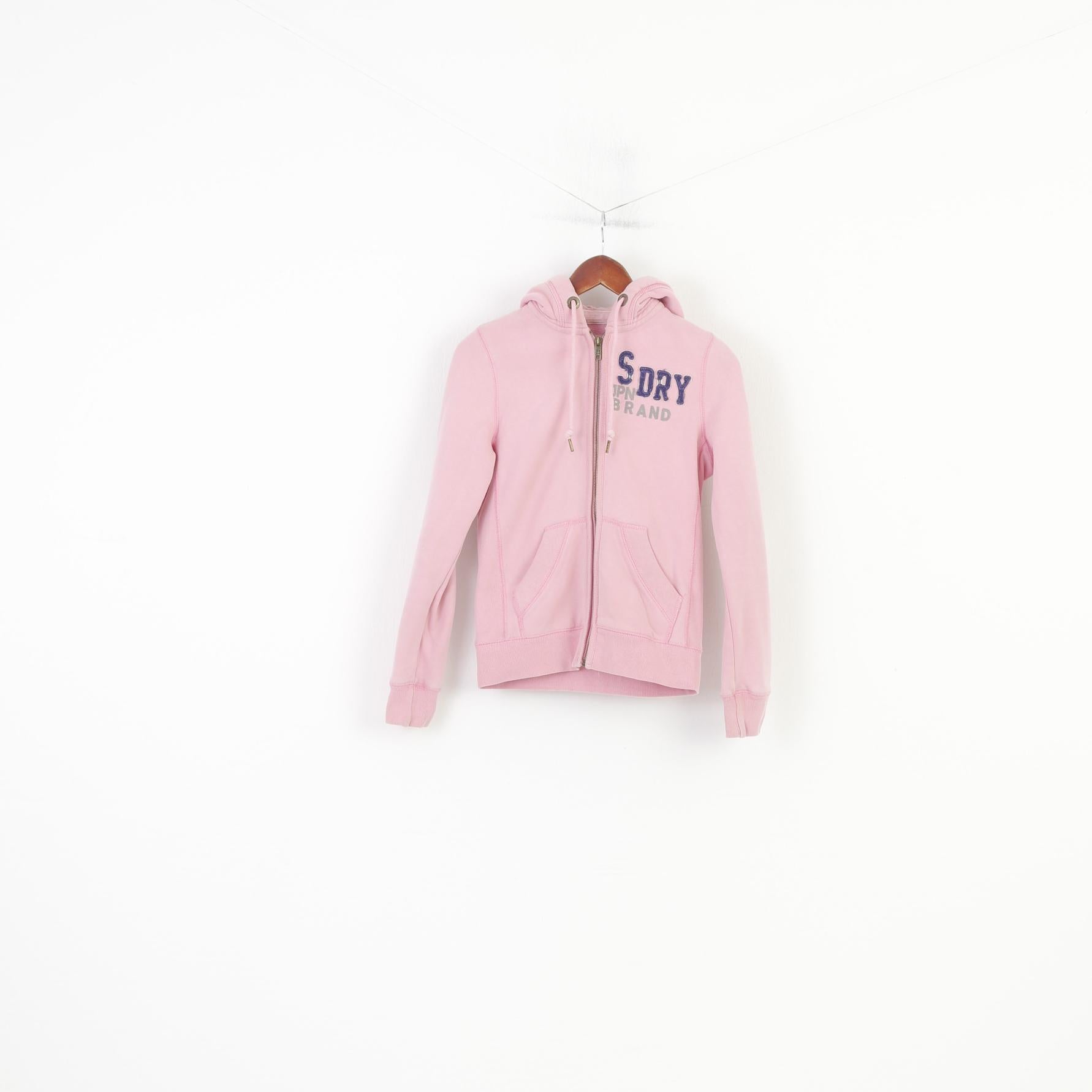 Superdry Women XS Sweatshirt Pink Cotton Full Zipper Hoodie Japan Sport Top