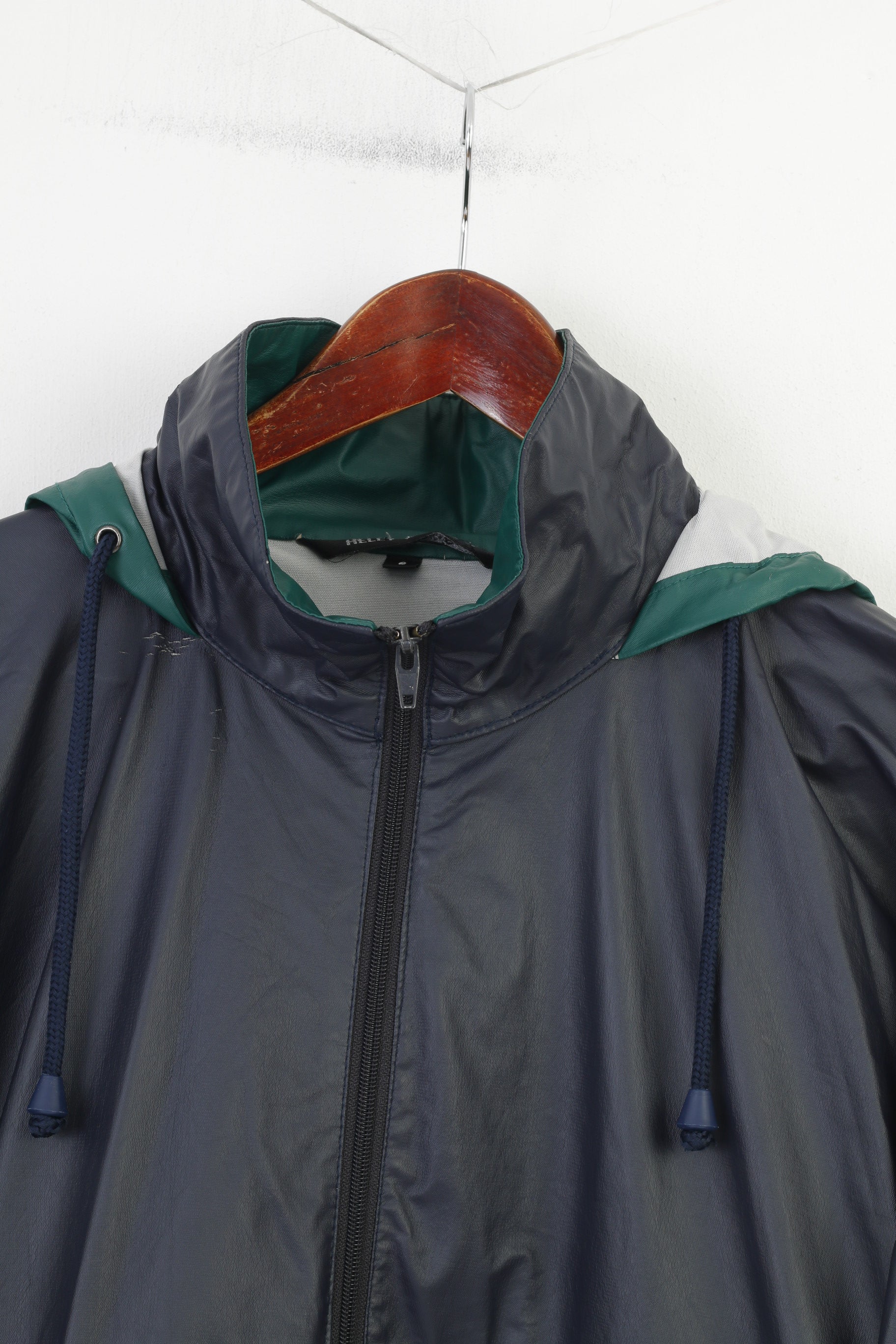Giacca da uomo Helly Hansen blu scuro vintage lucido in poliuretano con cerniera intera parte superiore impermeabile per esterni
