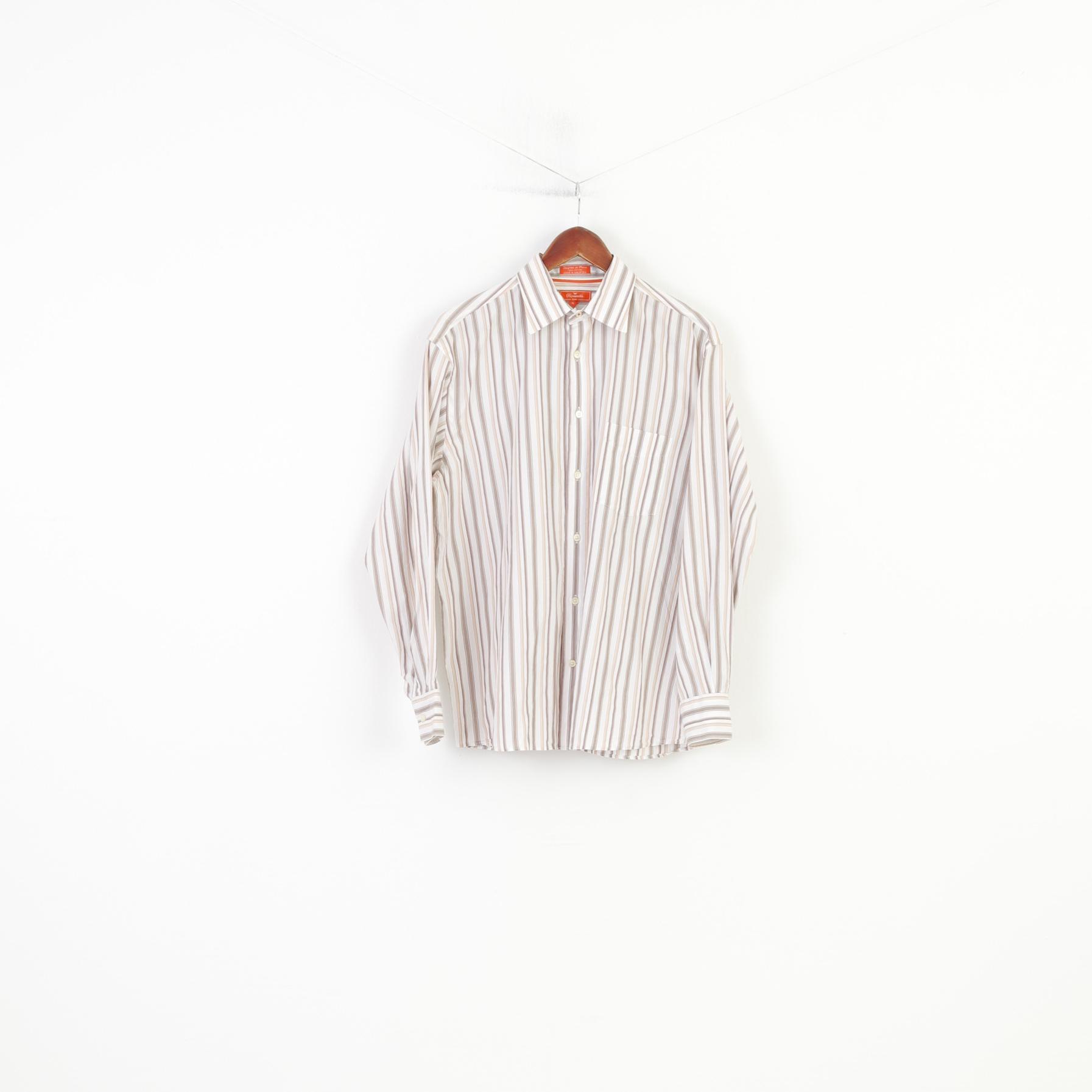 Faconnable Jeans Men M Casual Shirt Striped White Long Sleeve Cotton Classic Top