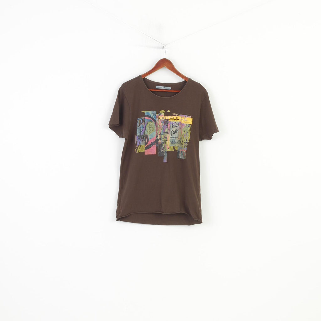 883 Police Men S T-Shirt Brown Cotton Graphic Graffiti Casual Top 