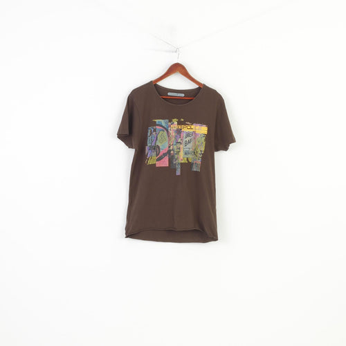 883 Police Men S T-Shirt Brown Cotton Graphic Graffiti Casual Top 