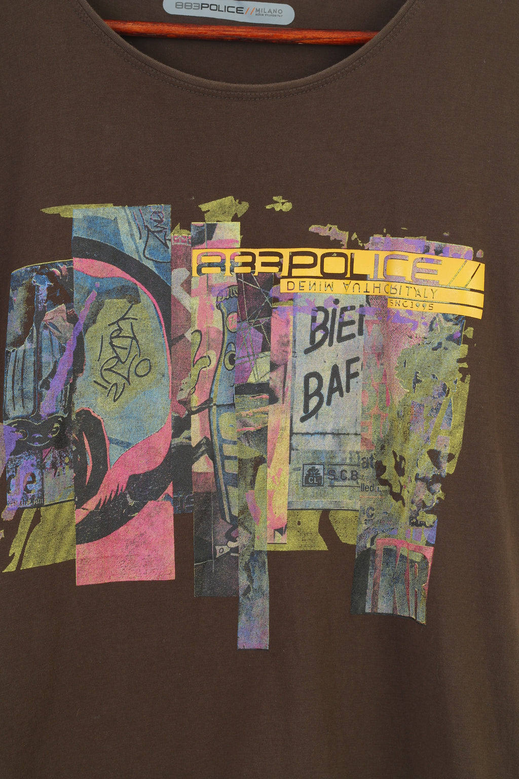 883 Police Men S T-Shirt Brown Cotton Graphic Graffiti Casual Top