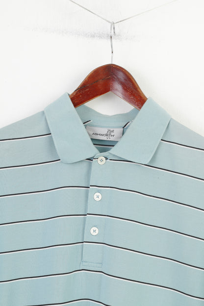 Ashworth Men L Polo Shirt Striped Mint Cotton Jersey Short Sleeve Top