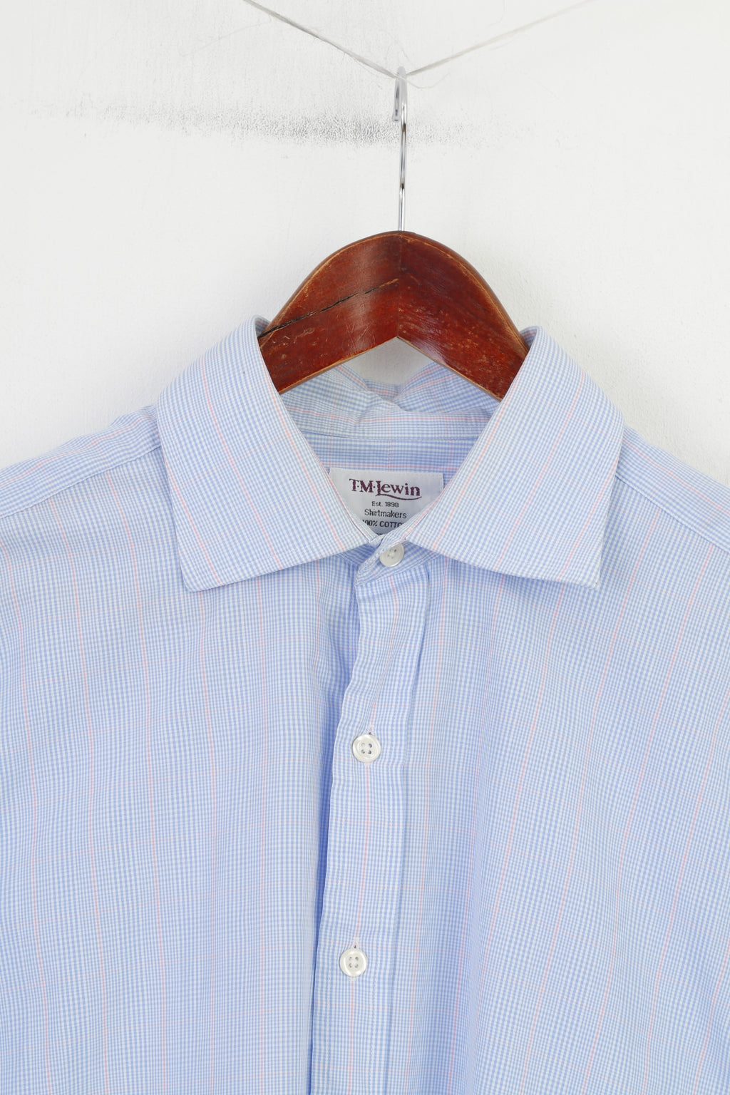 TM Lewin Men 34.5 L Casual Shirt Blue Checkered Cotton Cuffs Long Sleeve Classic Top