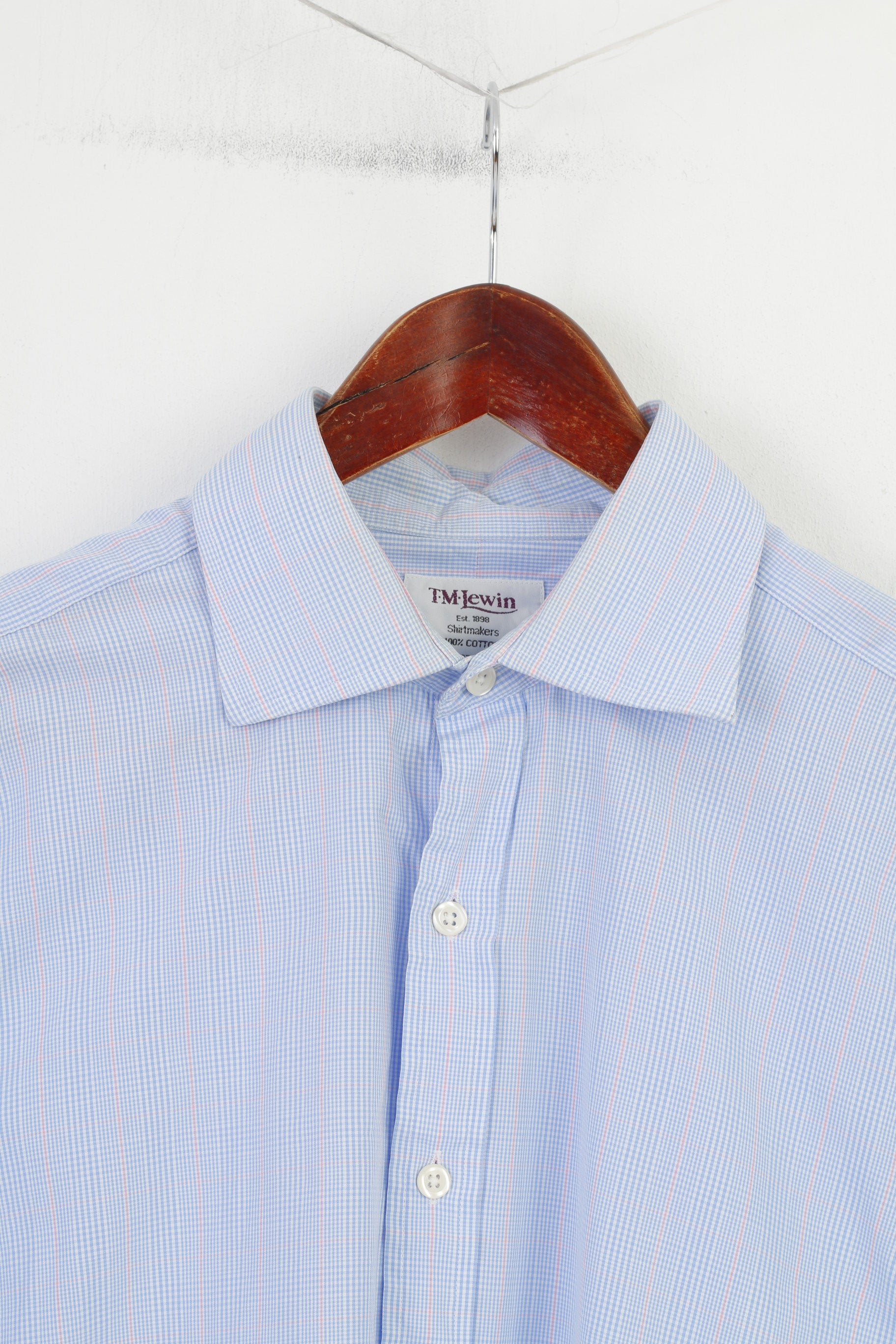 TM Lewin Men 34.5 L Casual Shirt Blue Checkered Cotton Cuffs Long Sleeve Classic Top