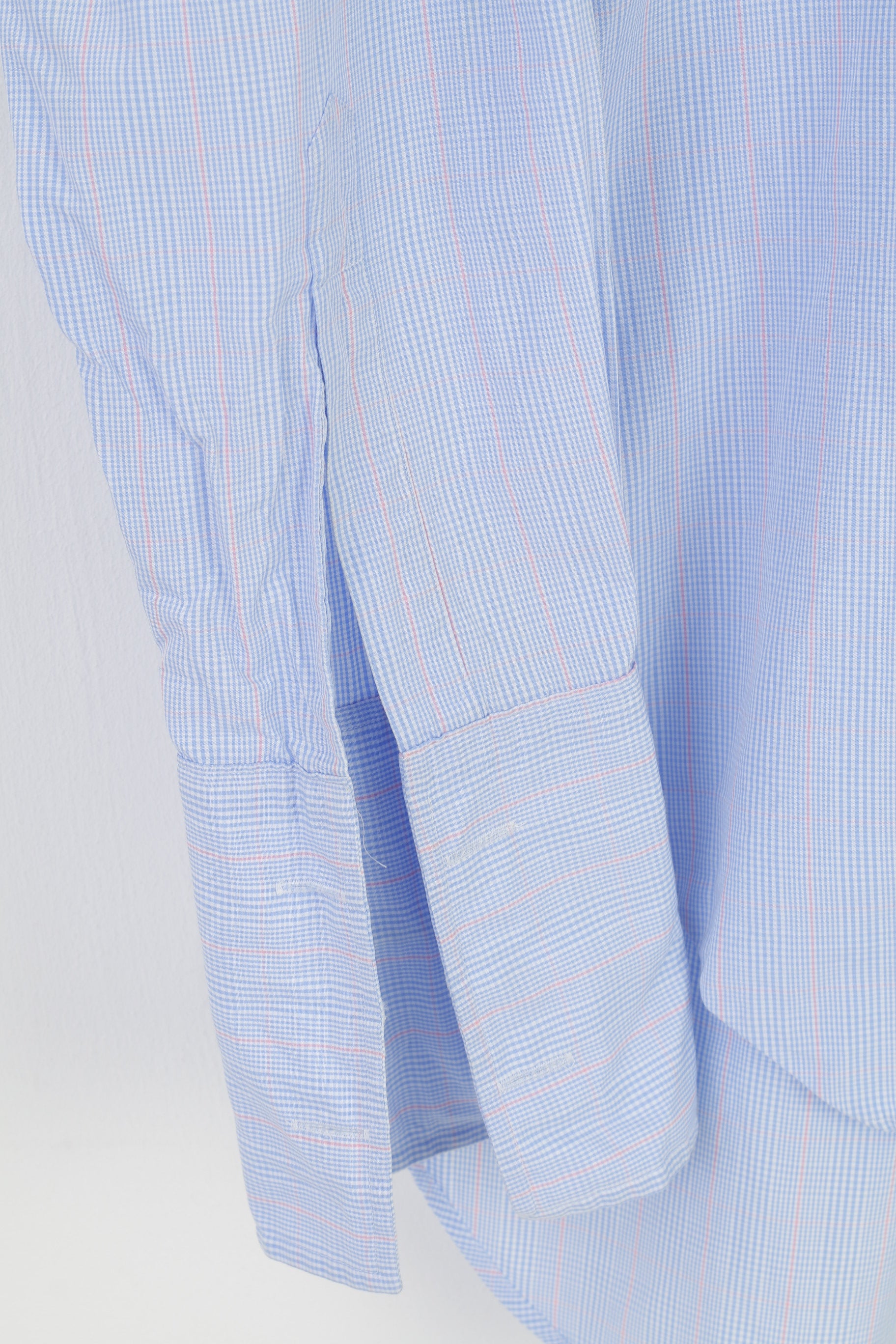 TM Lewin Men 34.5 L Casual Shirt Blue Checkered Cotton Cuffs Long Sleeve Classic Top