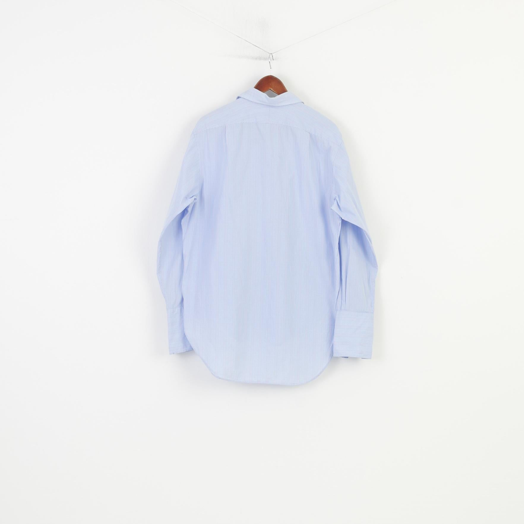 TM Lewin Men 34.5 L Casual Shirt Blue Checkered Cotton Cuffs Long Sleeve Classic Top