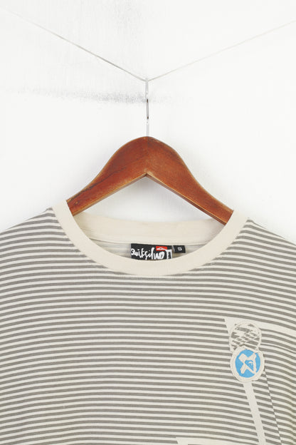 Maglietta da uomo Quiksilver a righe bianche, girocollo, manica lunga, top in cotone sportivo vintage da surf