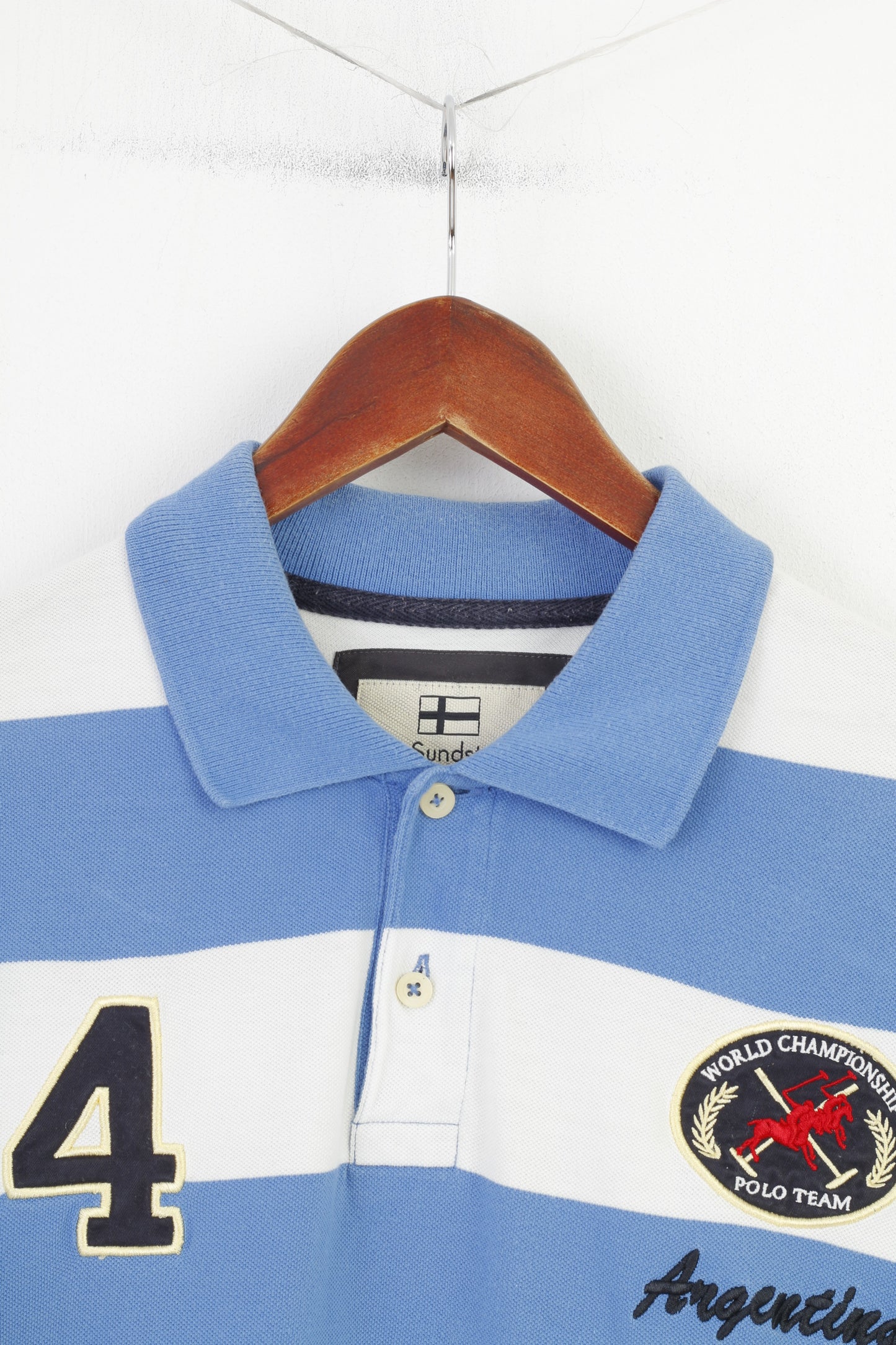 Nils Sundström Homme L Polo Rayé Bleu Blanc Coton Argentine Polo Team Vintage Top 