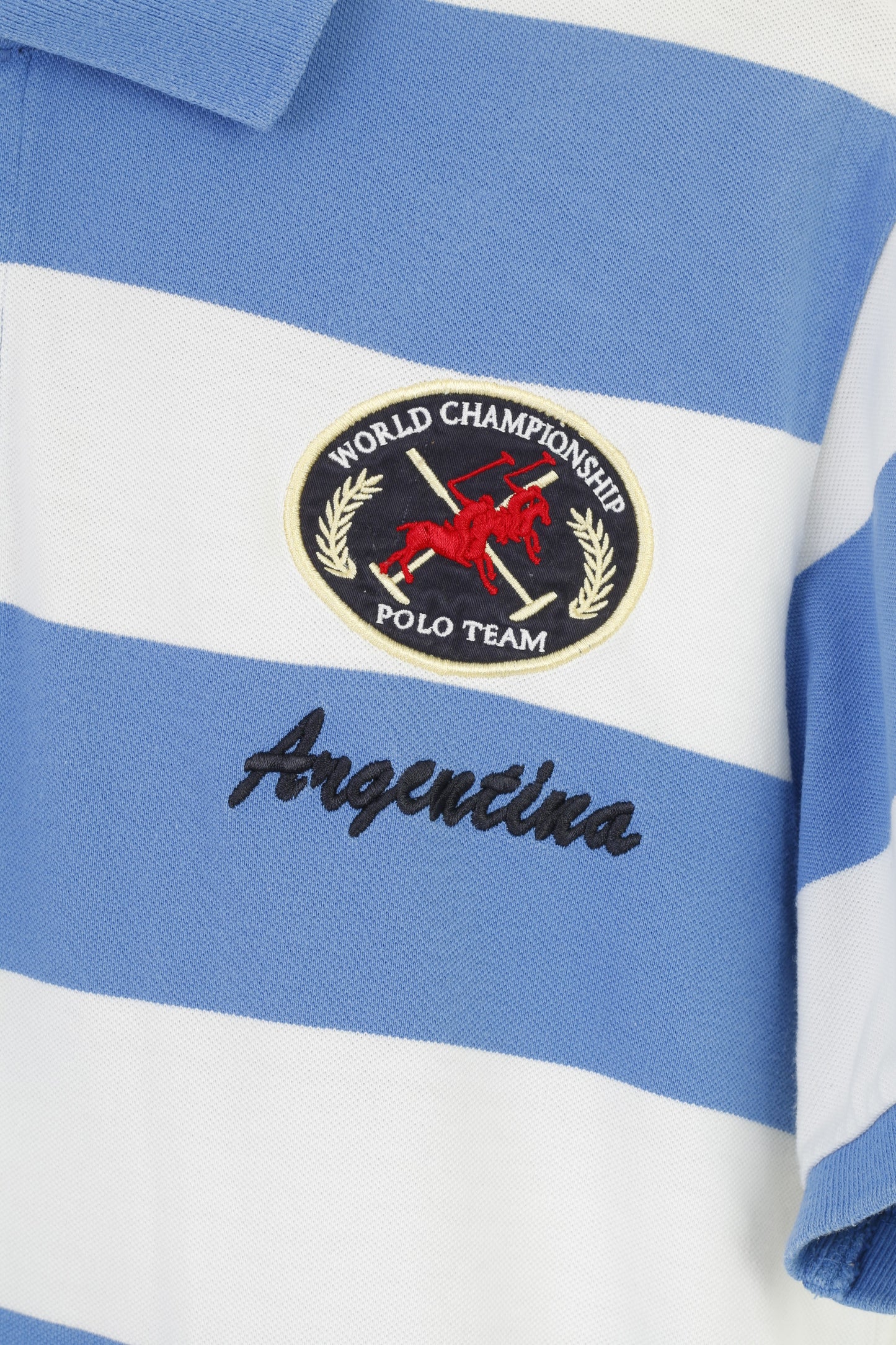 Nils Sundström Polo da uomo L a righe blu bianche in cotone Argentina Polo Team Vintage Top 